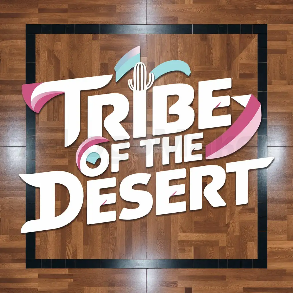 a logo design,with the text "Tribe of the Desert", main symbol:create a logo of only typography, tribe of the desert is the name, the colors I want are purple, pink, white and light blue, and it has to have some cactus, also the background should have a square giving reference to the dance floor,Moderate,be used in 0 industry,clear background