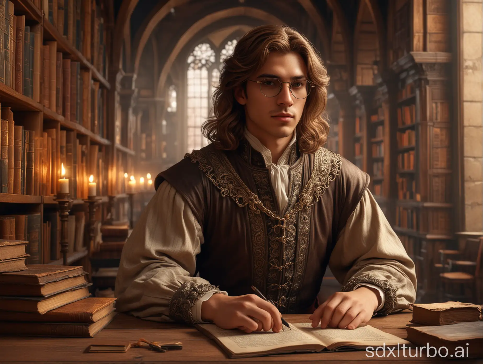 A handsome medieval man about 20 years old  with long light brown hair and brown eyes  with glasses wearing a rich medieval outfit, surrounded with old books in the ancient library, perfect composition, beautiful detailed intricate insanely detailed octane render trending on artstation, 8 k, photorealistic concept art, soft natural volumetric cinematic perfect light, chiaroscuro,  masterpiece, greg rutkowski , 