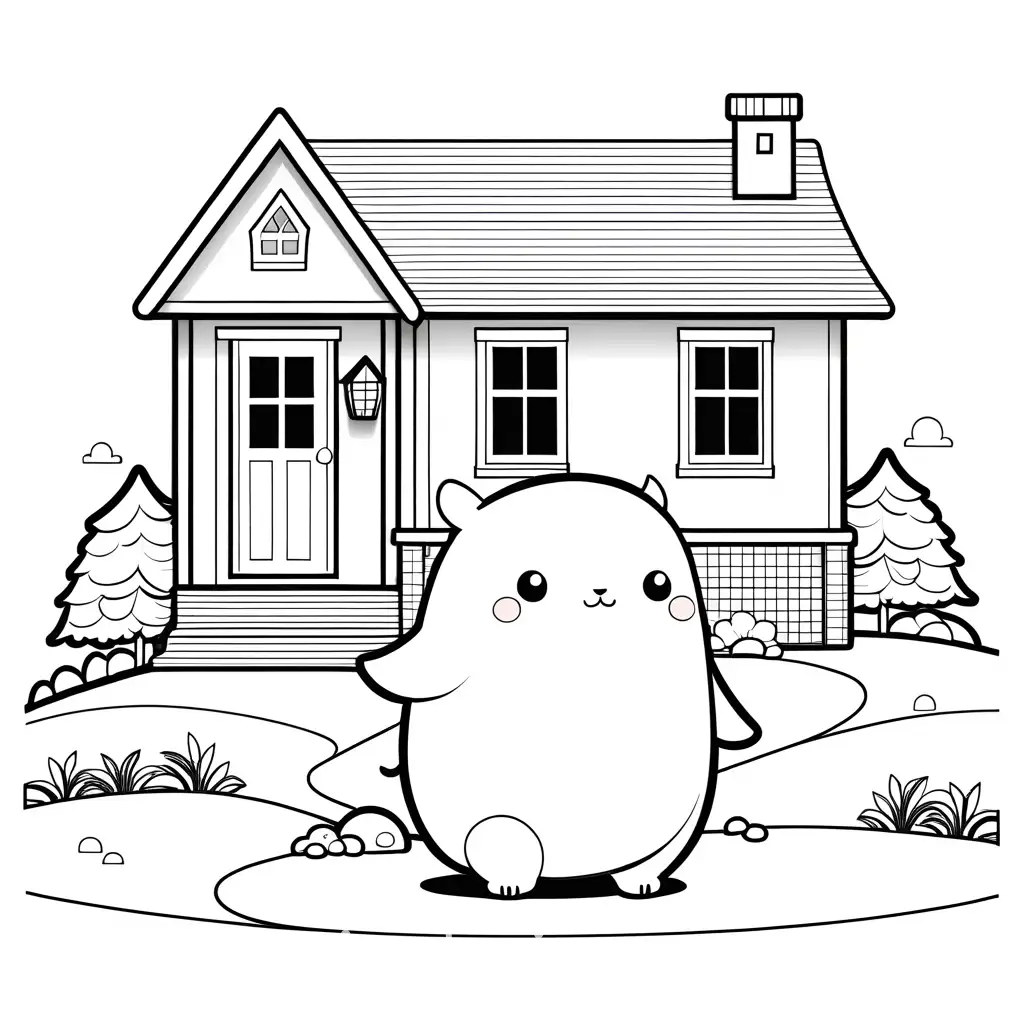 cute giant next to a small house kawaii style, Coloring Page, black and white, line art, white background, Simplicity, Ample White Space. The background of the coloring page is plain white to make it easy for young children to color within the lines. The outlines of all the subjects are easy to distinguish, making it simple for kids to color without too much difficulty