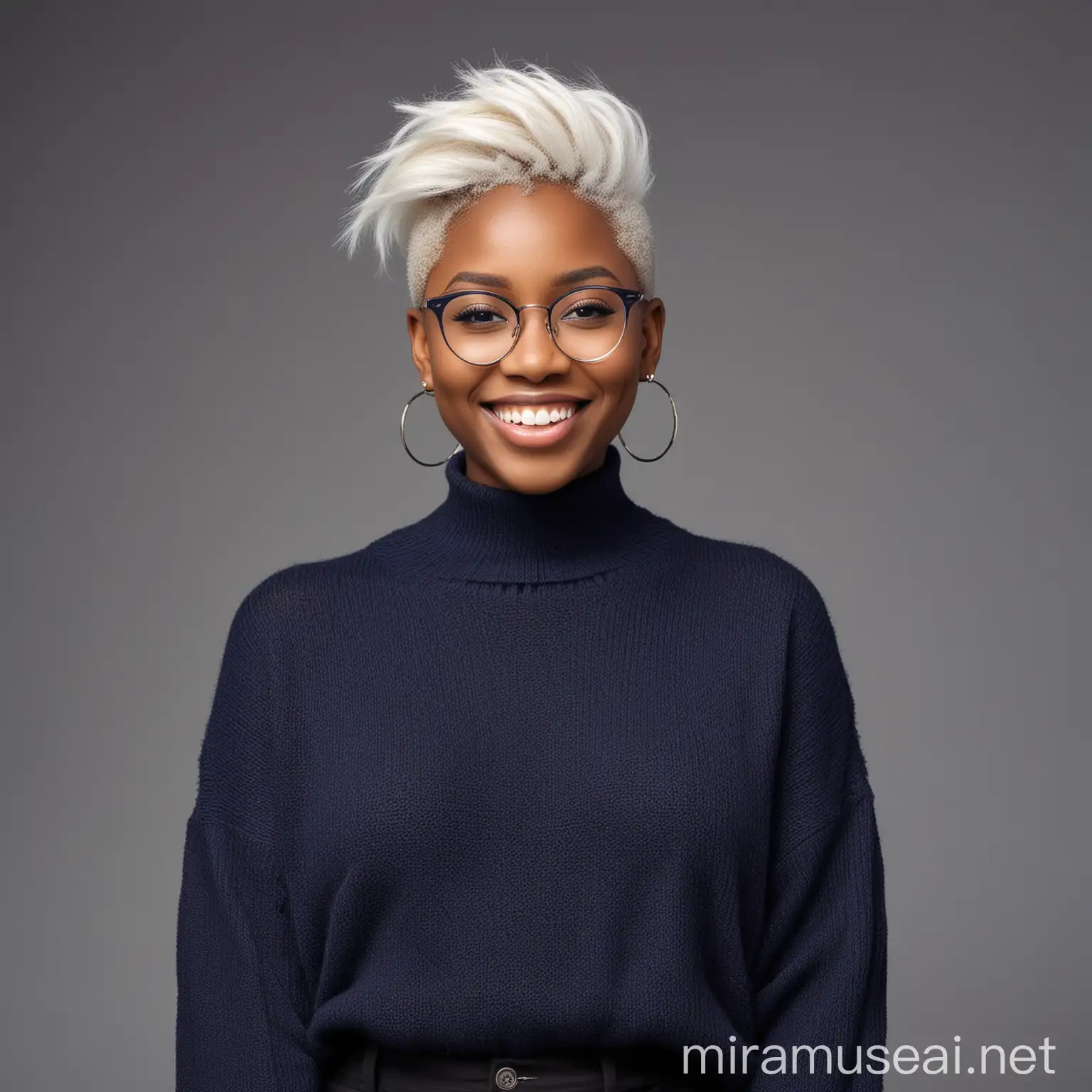 A beautiful Nigerian lady in her 20s, wearing a dark blue oversized  sweater,  smiling, exited, facing camera, facing front, with a white Undercut hair style , wearing a round framed glasses , on a black trousers , posing stylishly for camera 