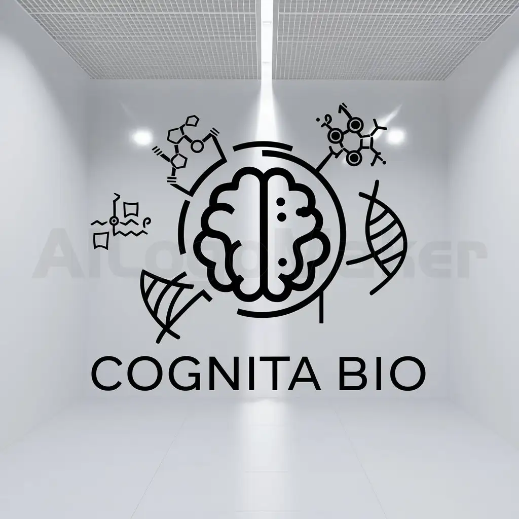a logo design,with the text "Cognita Bio", main symbol:Brain, artificial intelligence with floating Chemical, DNA, biology.,complex,clear background