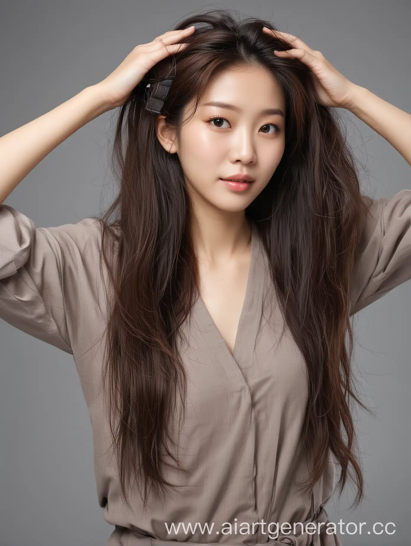 Beautiful-Korean-Woman-Collects-Hair-Without-Background