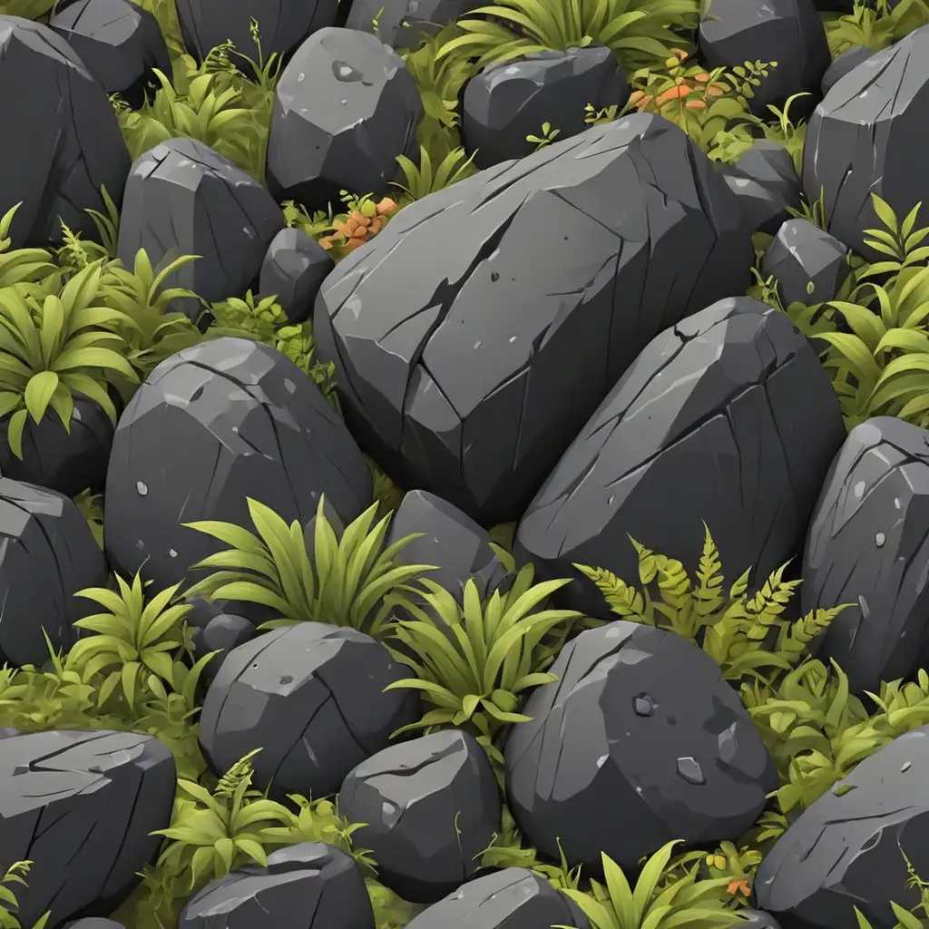 мультяшные большие черные скалы на фоне              природы и растений и хвои