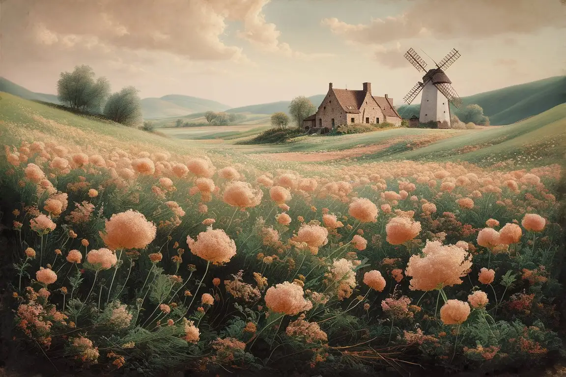Vintage Pastel Peachy Pink Wildflower Landscape with Farmhouse and Windmill