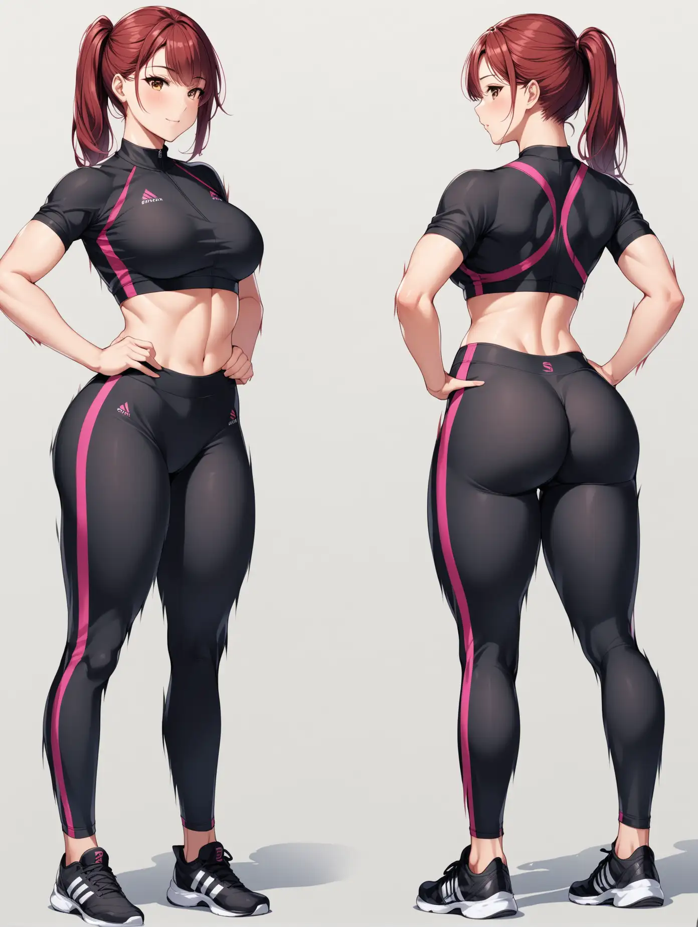 Picture full body 2 poses of a hot girl, training outfit, age 25, big ass
