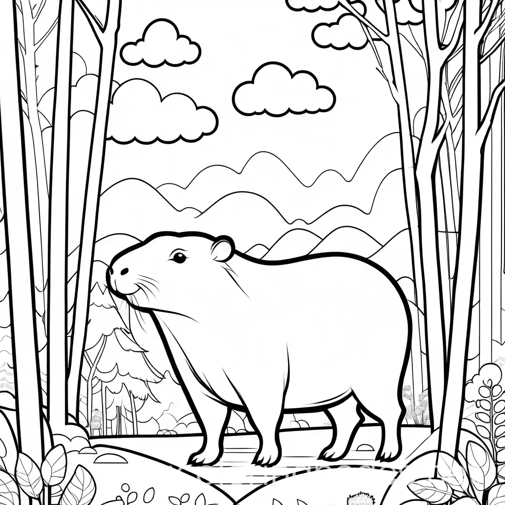cute capybara in the forest, clouds, trees, coloring page, Coloring Page, black and white, line art, white background, Simplicity, Ample White Space
