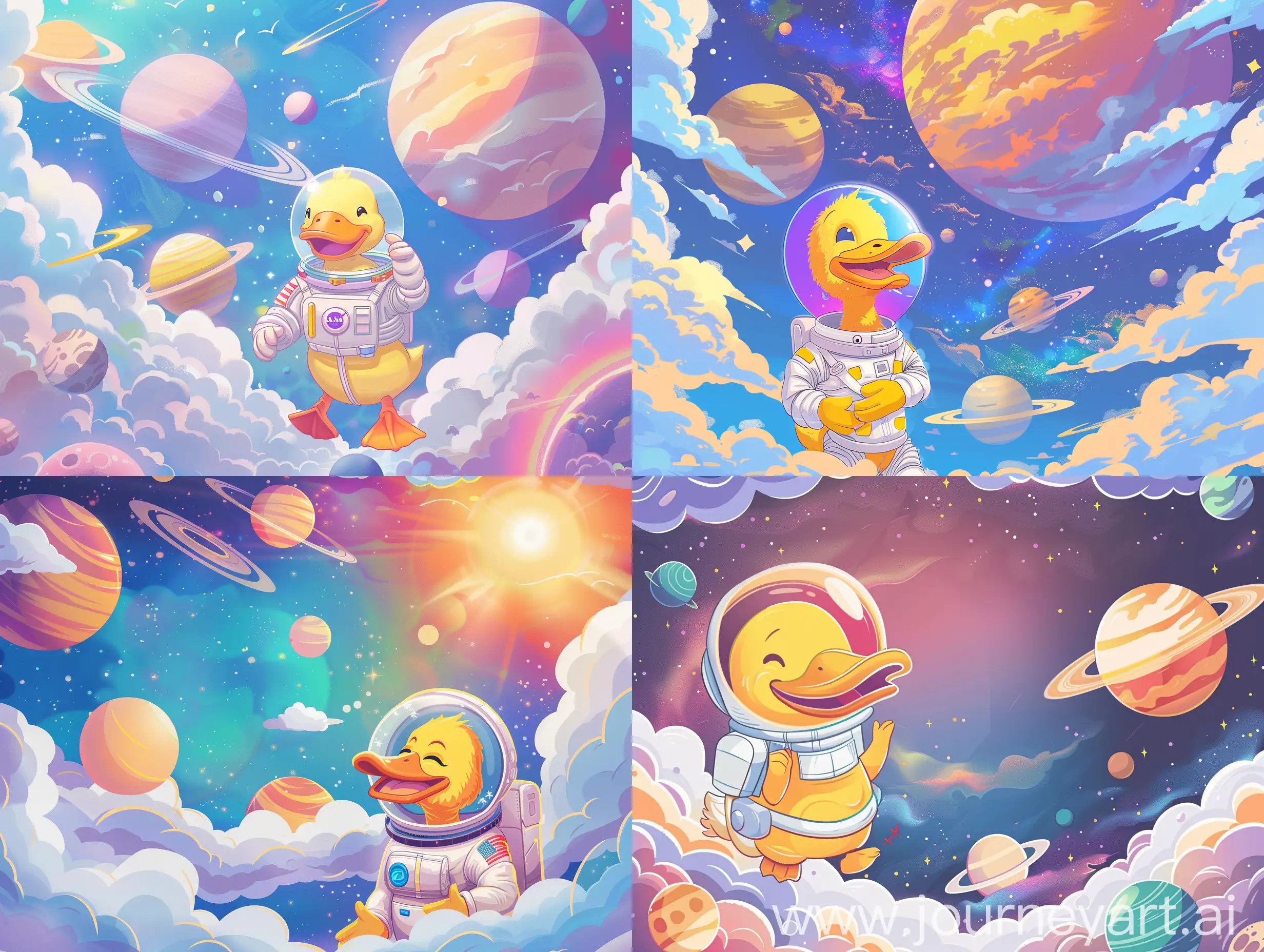 an illustration of a yellow duck in astronaut suit smiling , a space background with planets with light and sharp colors and big and fluffy clouds in landscape size