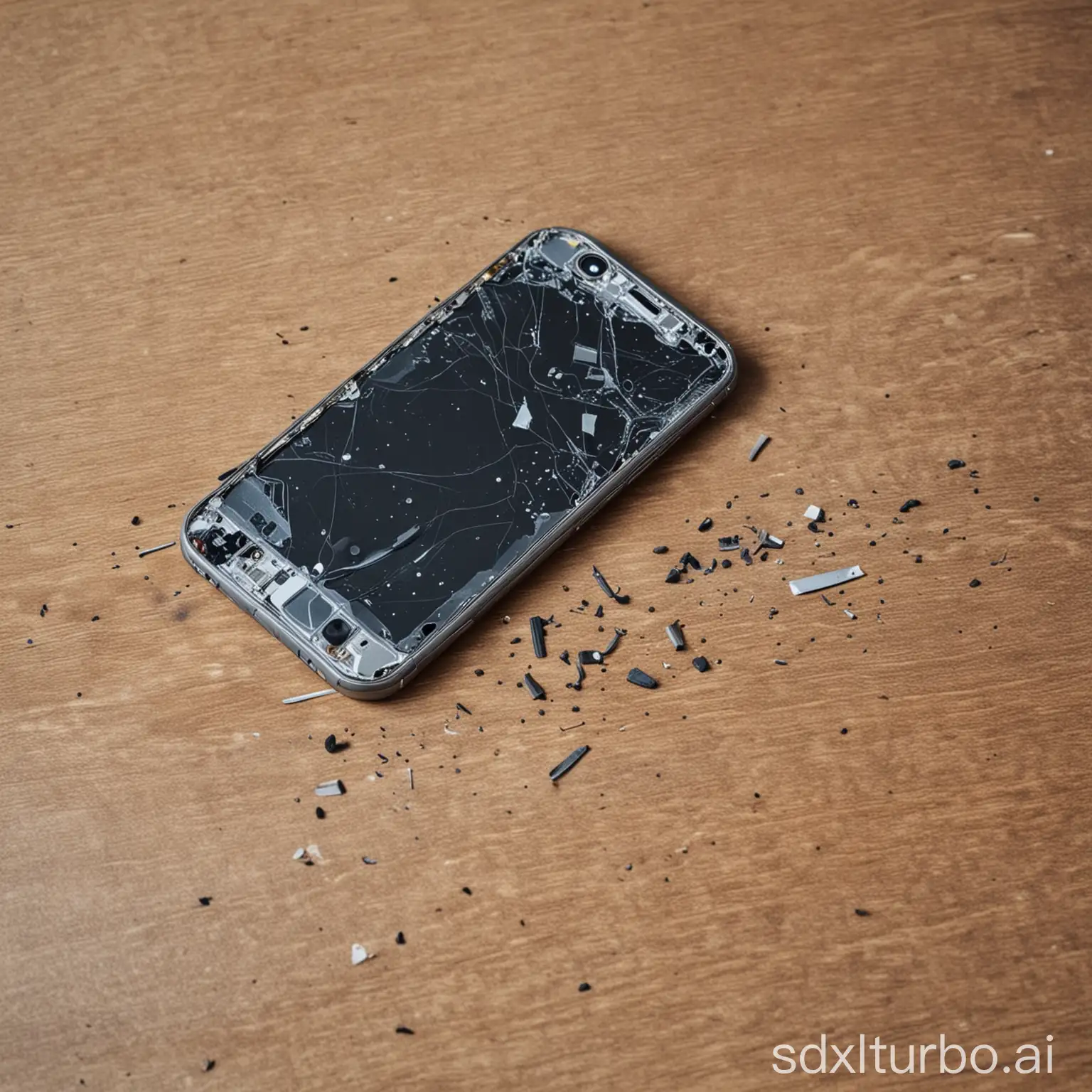 Broken-Smartphone-Resting-on-Wooden-Table