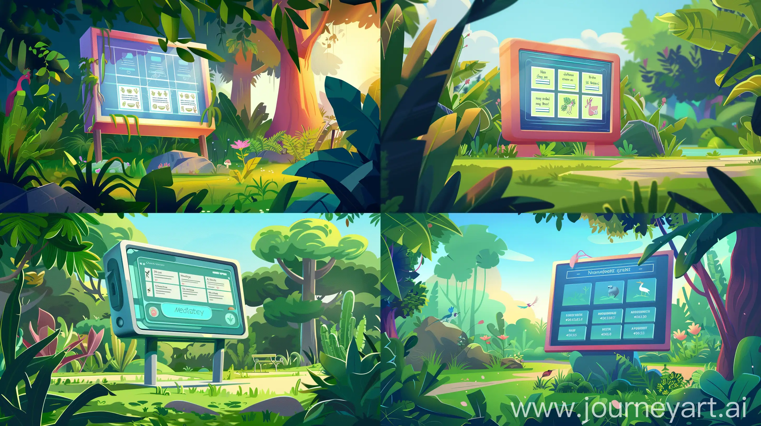 "Cartoon-style illustration of a digital game interface, displayed outdoors in a vibrant, lush park. The screen shows nature-themed quiz questions about wildlife and plants, integrated seamlessly into the natural surroundings. The setting is lively and colorful, symbolizing the connection between humans and nature. Lighting is bright and cheerful, emphasizing a fun and educational atmosphere. --ar 16:9 --v 6.0 --style raw"