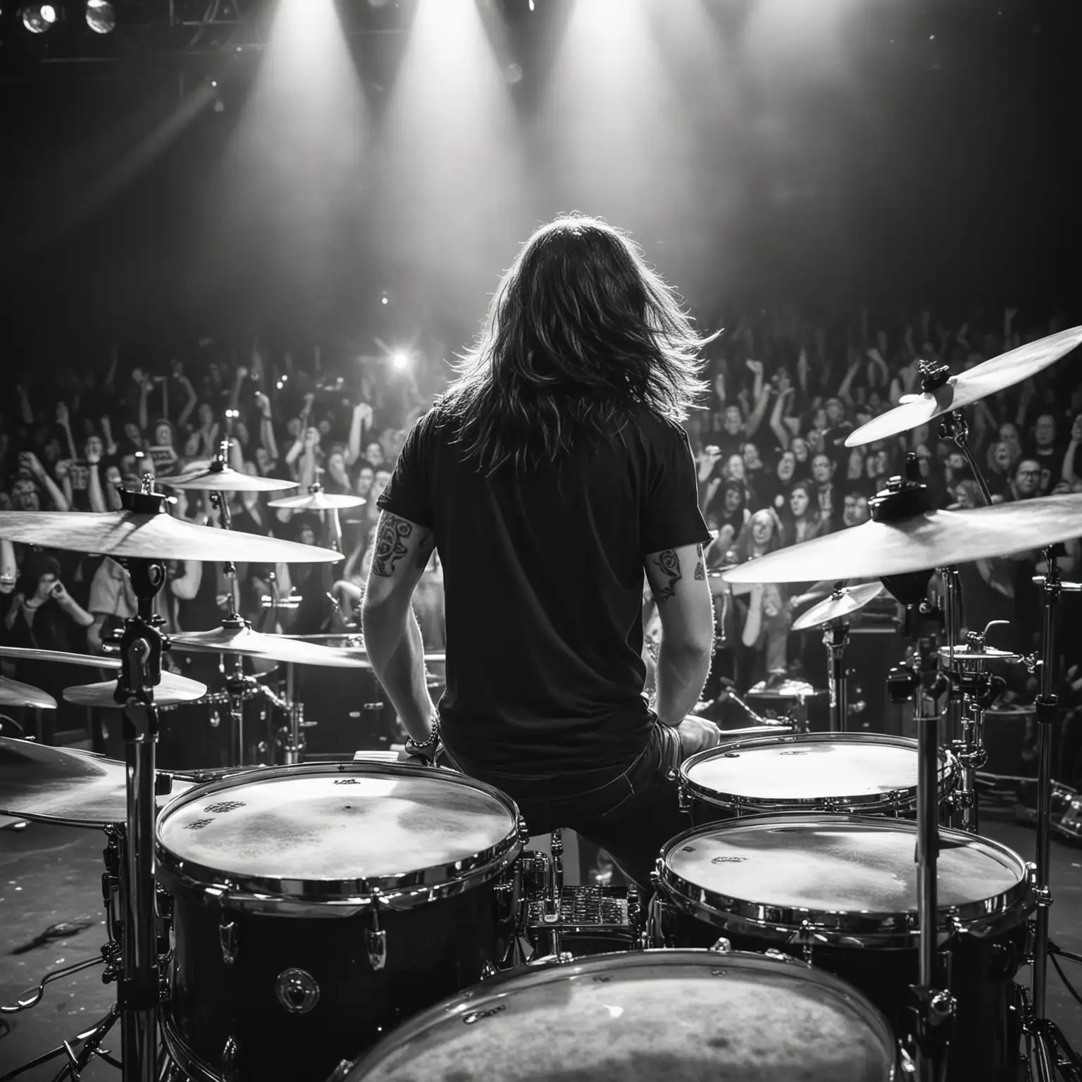Grunge Rock Drummer Performing on Stage in Vintage Black and White Photograph