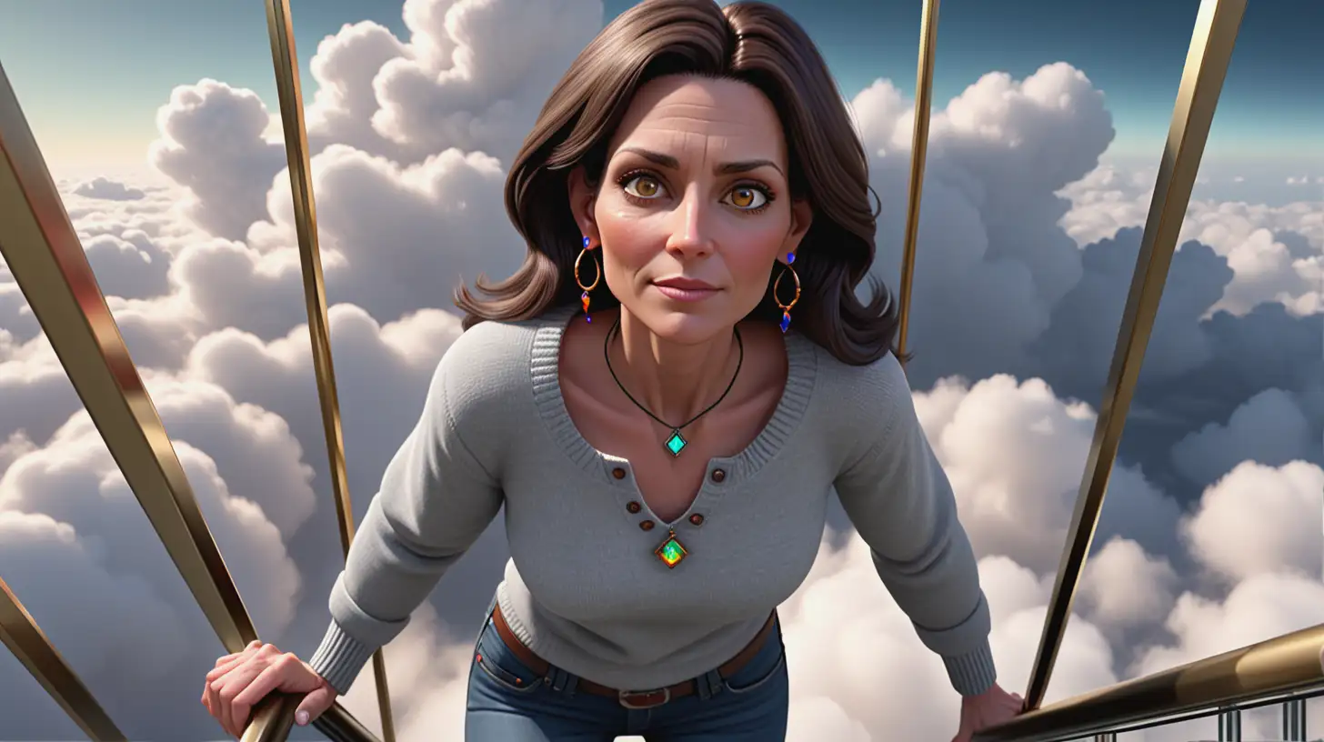 Highly detailed, fantastical style animation with vibrant colors and dramatic, soft lighting, of a 45-year-old woman named Sarah. She has an average build, is 5'6" tall, with dark brown, shoulder-length, straight hair, hazel brown eyes, an oval-shaped face and a light complexion. She is wearing casual, comfortable attire including a light grey sweater and jeans, small earrings and a pendant necklace. View looking down at Sarah climbing up a glass staircase in the sky surrounded by clouds.