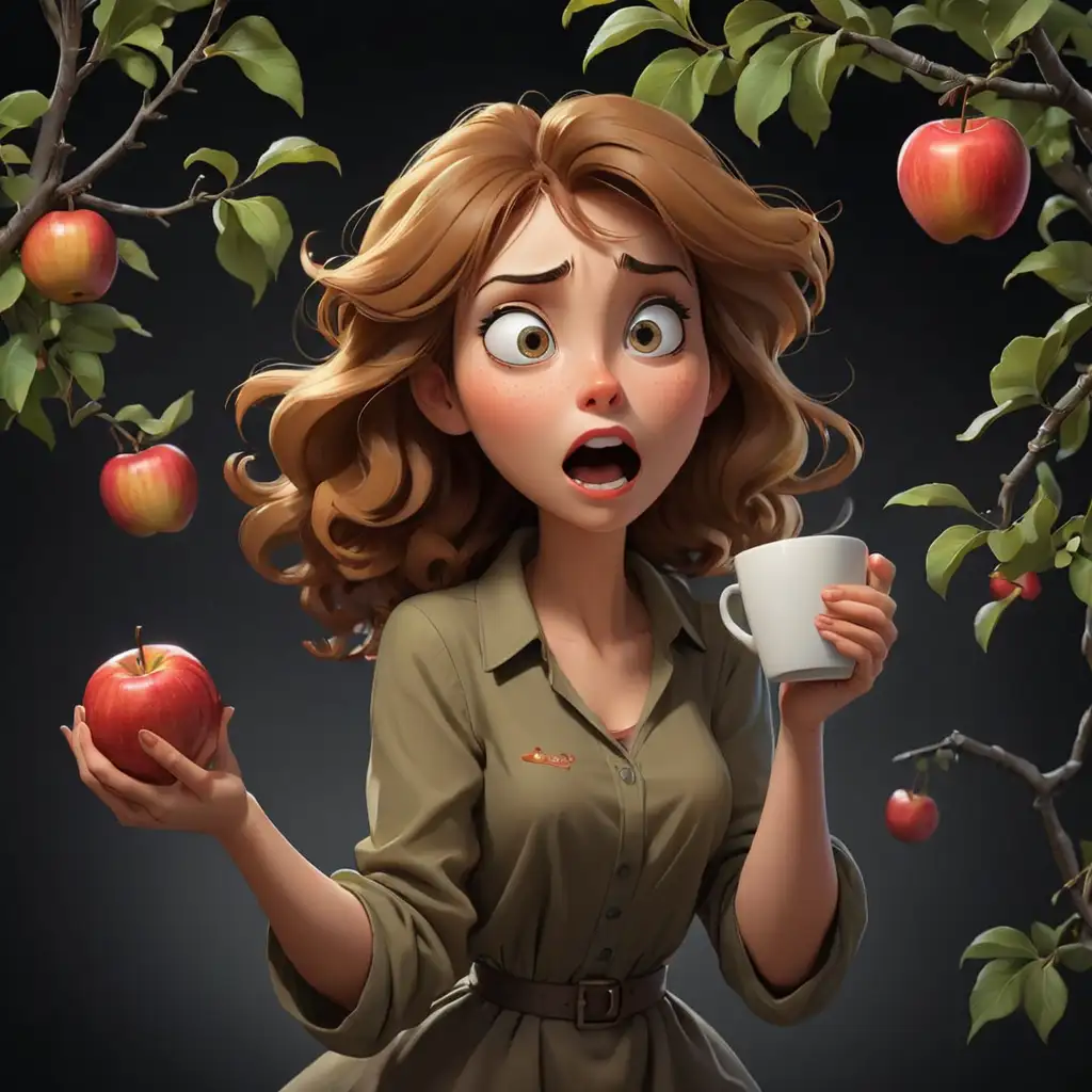 Cartoon-Woman-Picking-Apple-Playful-Scene-of-a-Woman-Picking-Fruit-with-Coffee-in-Hand