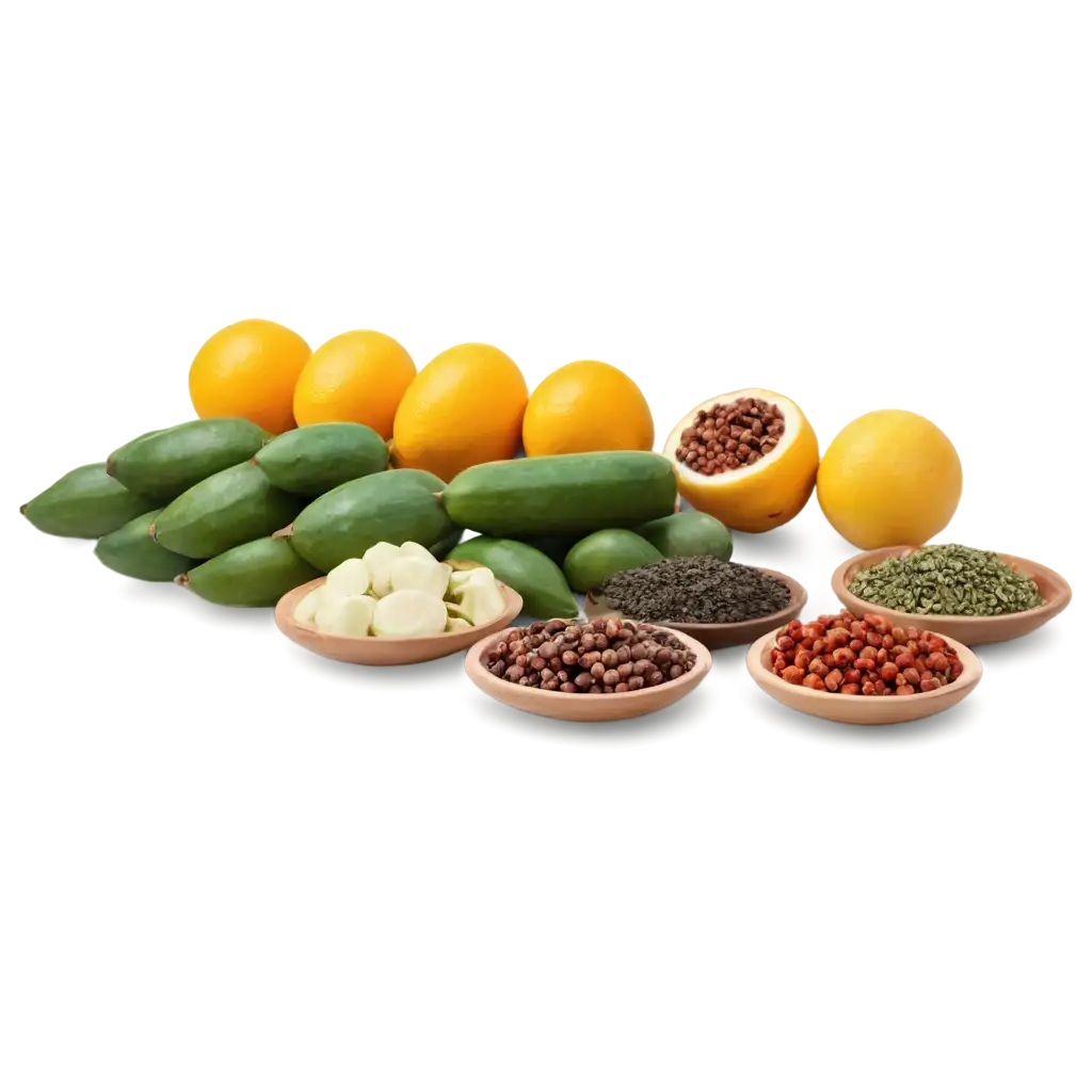 front view perspective of long group of fruits and spices lie on the table
