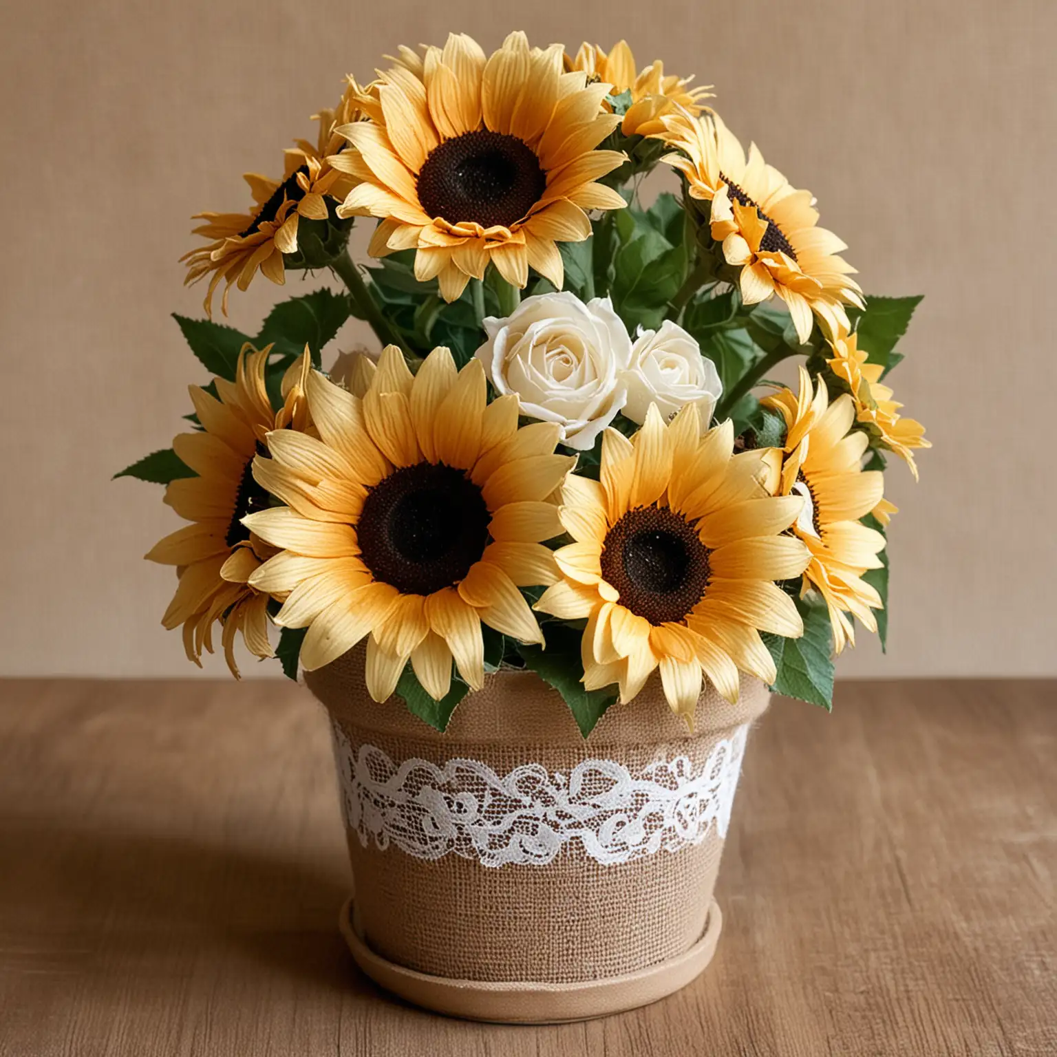 a rustic wedding centerpiece made of a small rustic, worn terra cotta pot that is painted ivory and decorated with burlap and lace and holds sunflowers and ivory roses