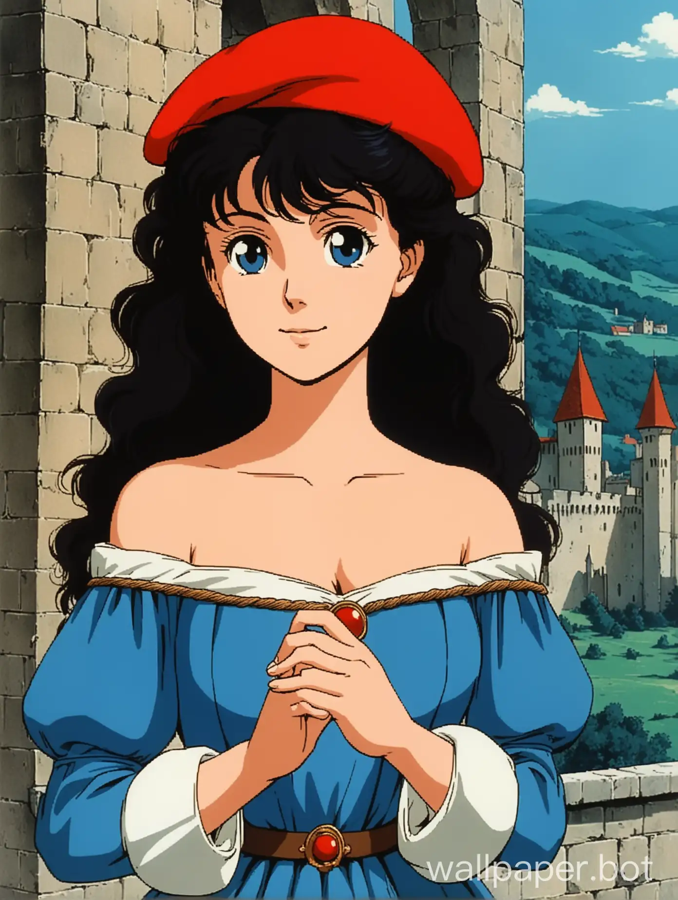 young French woman, pleasant face, black wavy hair in side braid, red beret, blue medieval dress, off-the-shoulder, deep plunging v, 1980s retro anime