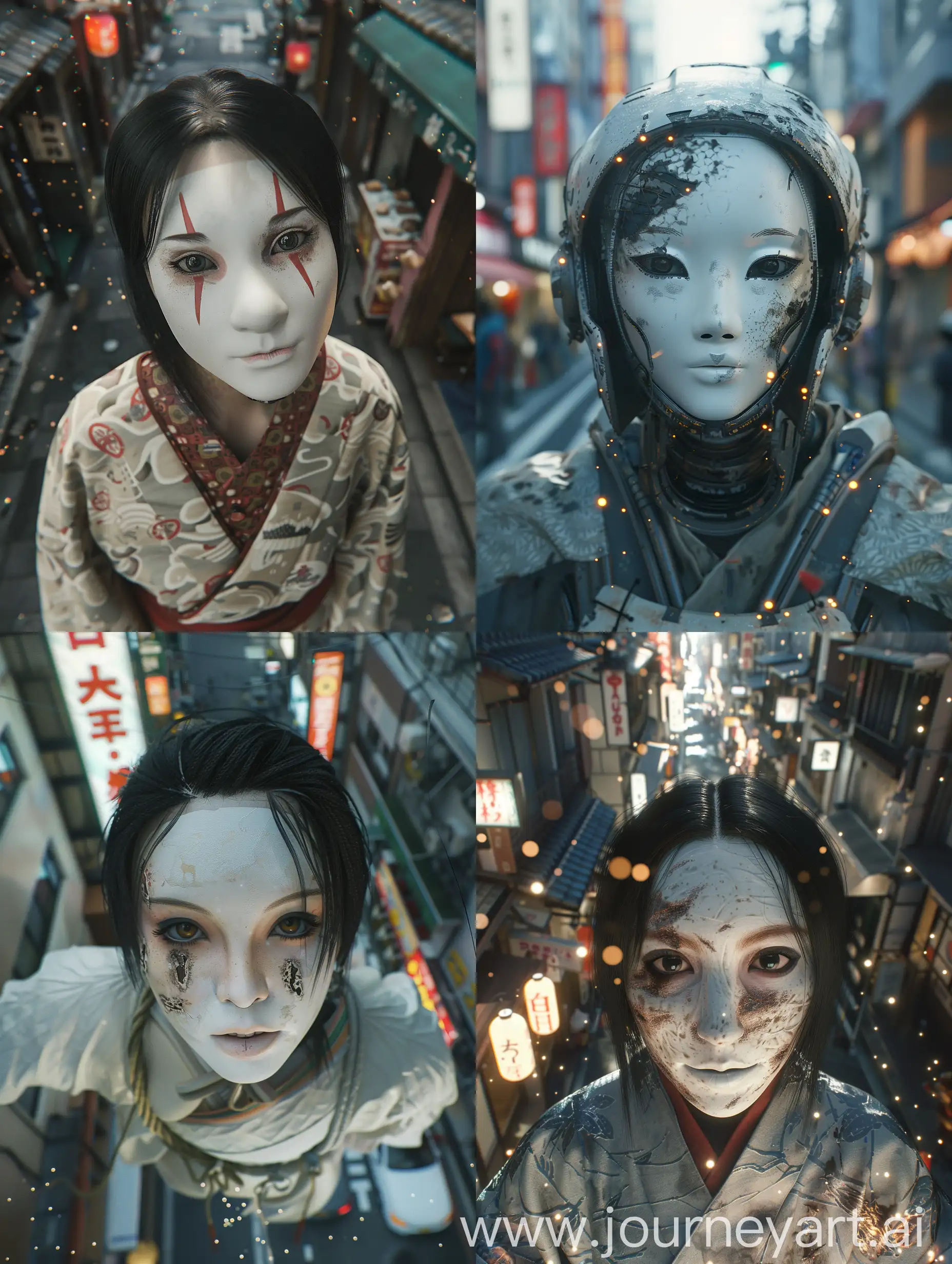 wide-angle lens, top-shot, f/11, 24mm lens, cinematic, realism, Using (((imagination))) to craft a photorealistic representation of an unusual fantasy dream, Cinematic shooting techniques and shooting angles, Describing Japanese yokai ((( samurai in futuristic world, white puppet mask,))) Shibuya-ku street, Amazing, shocking, Mysterious, Contrasty, gorgeous, gorgeous, decayed, ivory colors, Memphis, magic sparkles lighting, skillfully captured through an EE 70mm lens, providing a professional movie feel. The UHD camera captures every detail of this moment, highlighting the colors and textures. Render her in a photorealistic style, cinematic, capturing the fine details of her features and surroundings. Pay close attention to realistic skin tones, textures, and lighting conditions. Ensure the image is in high resolution, such as 8K, to showcase the intricate details and allo
