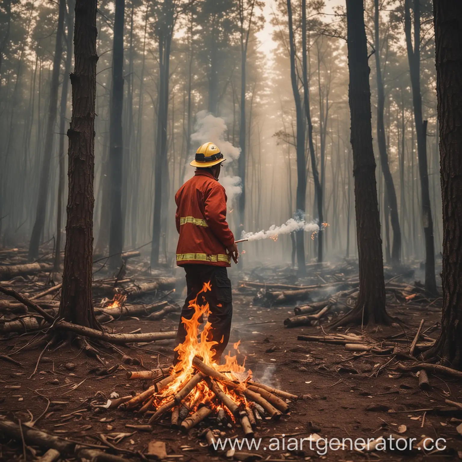 Сгенирируй картинку, мужчина кинул сигарету в лес и огонь начал сильно разгораться и картинка должна выглядеть как знак обучающий пожарной безопасности 