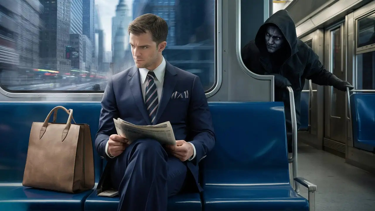 Person in business suit sitting on a train with a bag next to them on their way into work
Suspicious thief in the background looking at the bag
