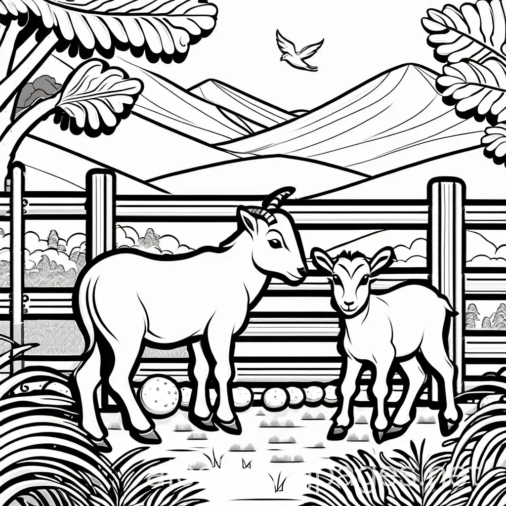 pygmy goats on a farm, Coloring Page, black and white, line art, white background, Simplicity, Ample White Space. The background of the coloring page is plain white to make it easy for young children to color within the lines. The outlines of all the subjects are easy to distinguish, making it simple for kids to color without too much difficulty
