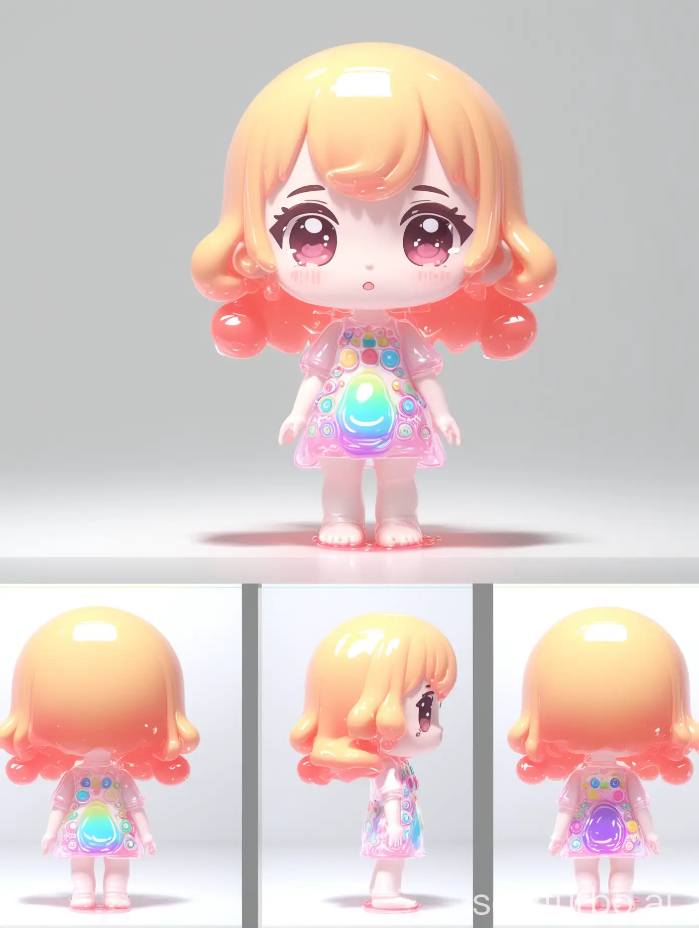 full body,generate, three views,namely the front view the side view abd the back view,Cute little girl made of liquid,multicolor,Transparent,blush,full body,chibi,White background,Popmart blind box,IP design,3d whole body,C4D,OC rendering,8k,super delicate,no Shoes --ar 16:9 --niji 6