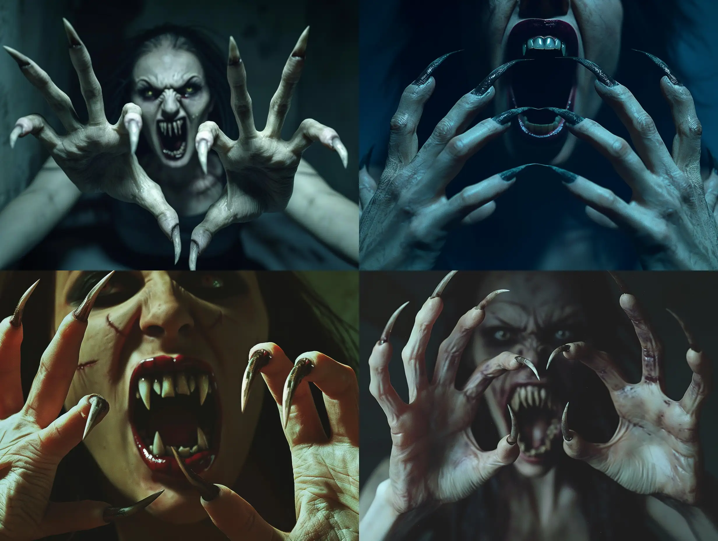A photorealistic scene of a wild ugly monstruos vampire female with extra long pointed fingernails, on each hands with five fingers, her mouth is threateningly open, and terrible teeth look like fangs, the woman looks like she climbed out of the grave, her nails resemble the claws of a predators.scene inside darkness room,hyper-realism, cinematic, high detail, photo detailing, high quality, photorealistic, aggressive, dark atmosphere, realistic, the smallest details, detailed nails, atmospheric lighting, full anatomical, photorealism, detailed, textured, dark, haunting, night-time scene, intense, creepy, undead, spooky, eerie, atmospheric lighting, nightmare, grotesque, terrifying, realistic anatomy, human hands, very clear without flaws with five fingers.