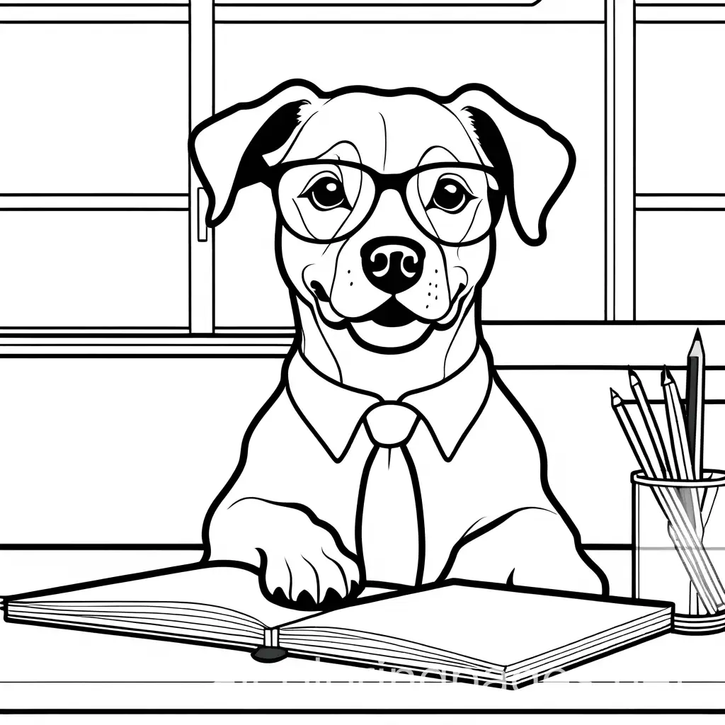 dog with glasses learning in a classroom coloring picture

, Coloring Page, black and white, line art, white background, Simplicity, Ample White Space. The background of the coloring page is plain white to make it easy for young children to color within the lines. The outlines of all the subjects are easy to distinguish, making it simple for kids to color without too much difficulty