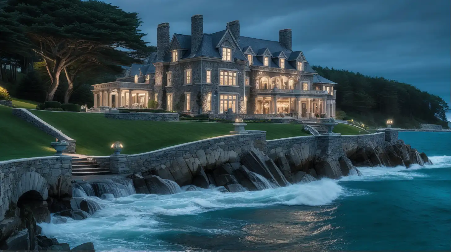 A vast stone mansion on the waterfront. Two stories high, hidden in the evergreen country side. Behind it, the rushing blue waters of the Atlantic Ocean at night