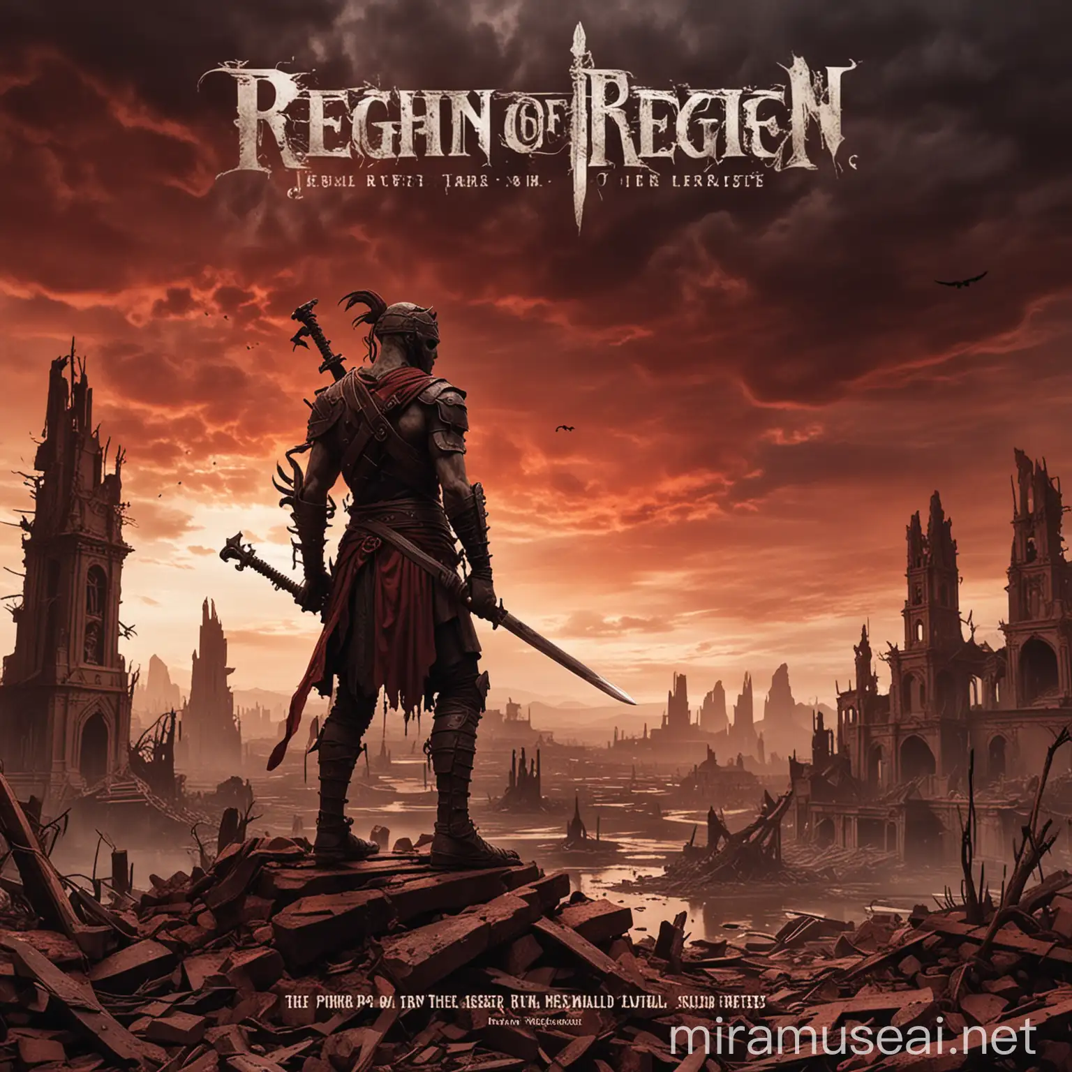 The cover features a desolate, post-apocalyptic cityscape under a blood-red sky. In the foreground, a crumbling statue of a warrior stands with a broken sword, symbolizing the fall of civilization. Dark clouds swirl ominously above, and the faint silhouettes of skeletal trees can be seen in the background. The band's logo, jagged and metallic, sits at the top of the cover, with the album title "Reign of Ruin" emblazoned below in bold, distressed letters.
