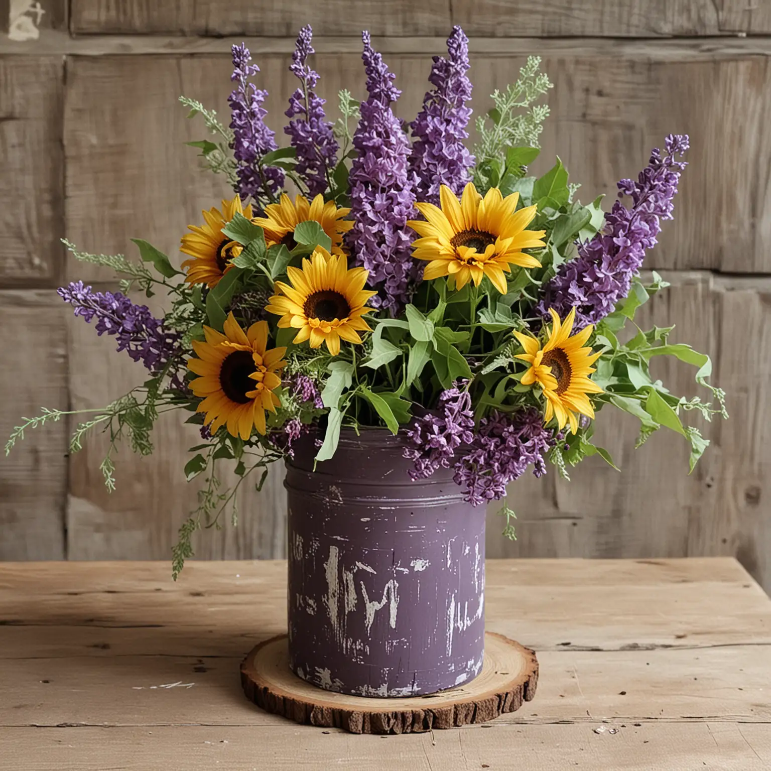 a simple and small worn, rustic centerpiece for a wedding with a rustic and work vase painted distressed purple and filled with sunflowers and lilacs