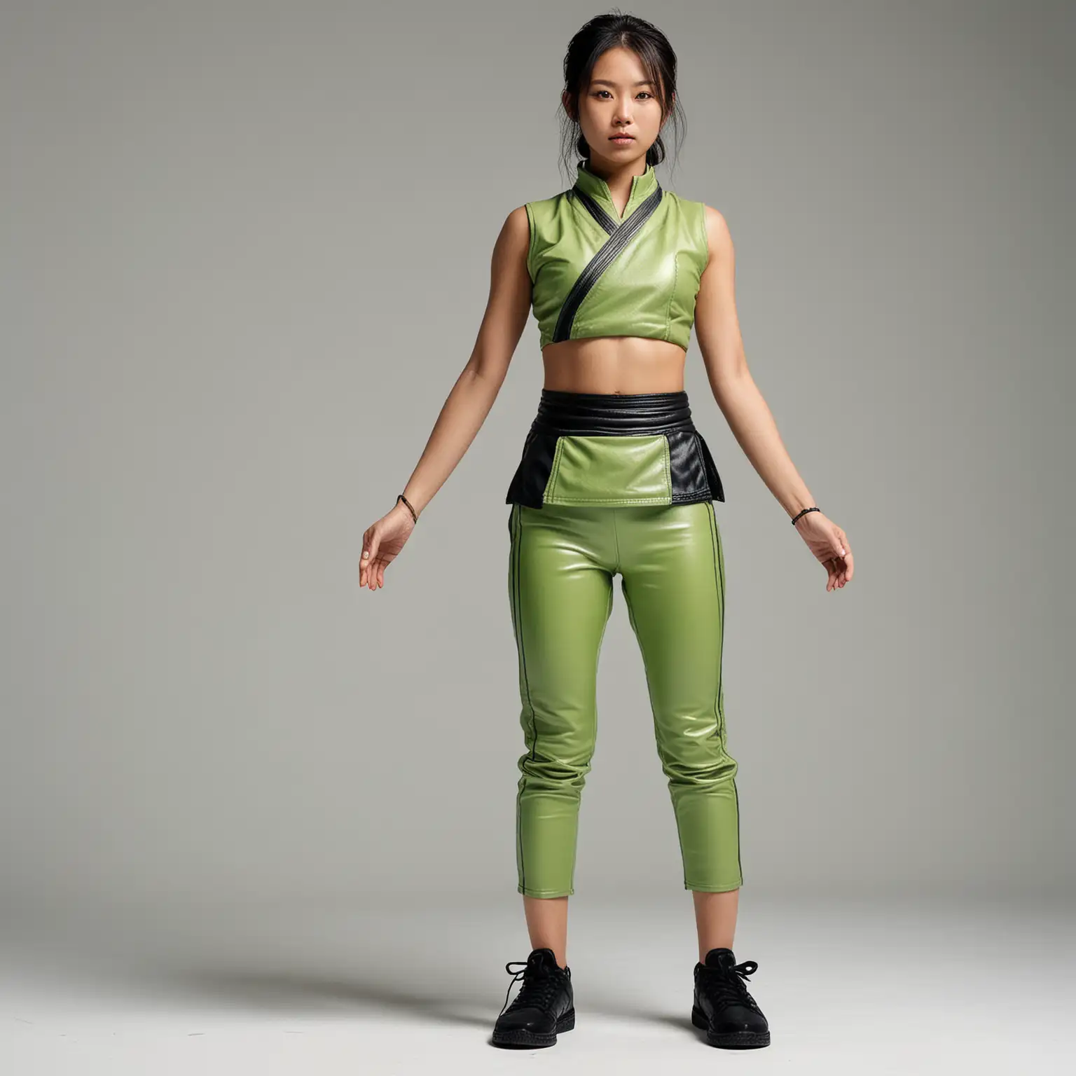 Standing full body view, toned beautiful Japanese supermodel in sleeveless, leather lime-green croptop karate gi with black accents, high-waisted tight black  leggings, black sneakers, sneakers, white background
