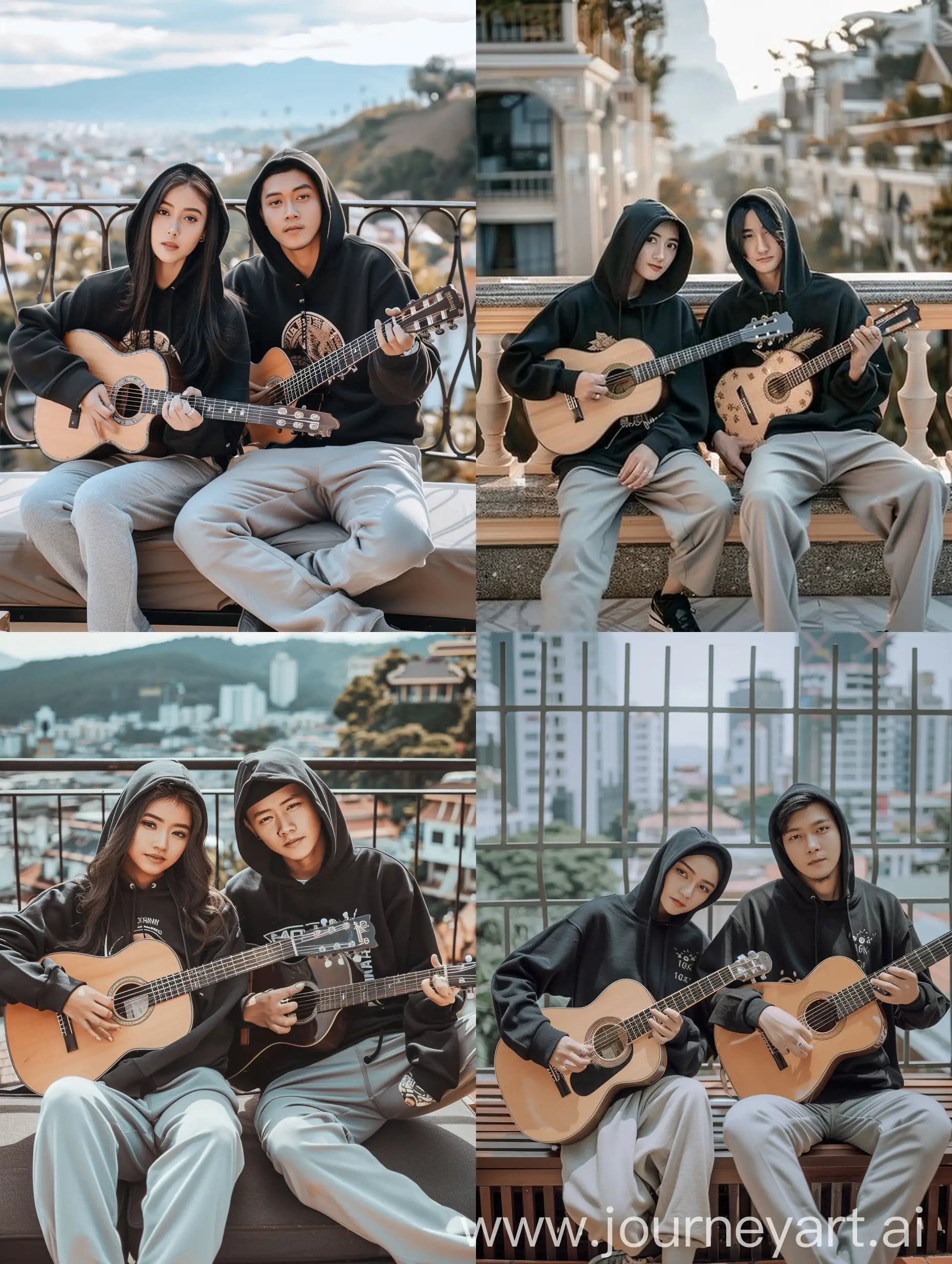 Original and original photo of a beautiful 22 year old Indonesian woman, wearing a black hoodie, light gray trousers, and a handsome 22 year old Indonesian man wearing a black hoodie, light gray trousers, sitting on a luxurious terrace. while holding a guitar, focus on sitting neatly crossed, focus on face and body facing the camera, each holding their own guitar. There are beautiful views of the city with 16k HD photo quality, clear and bright resolution