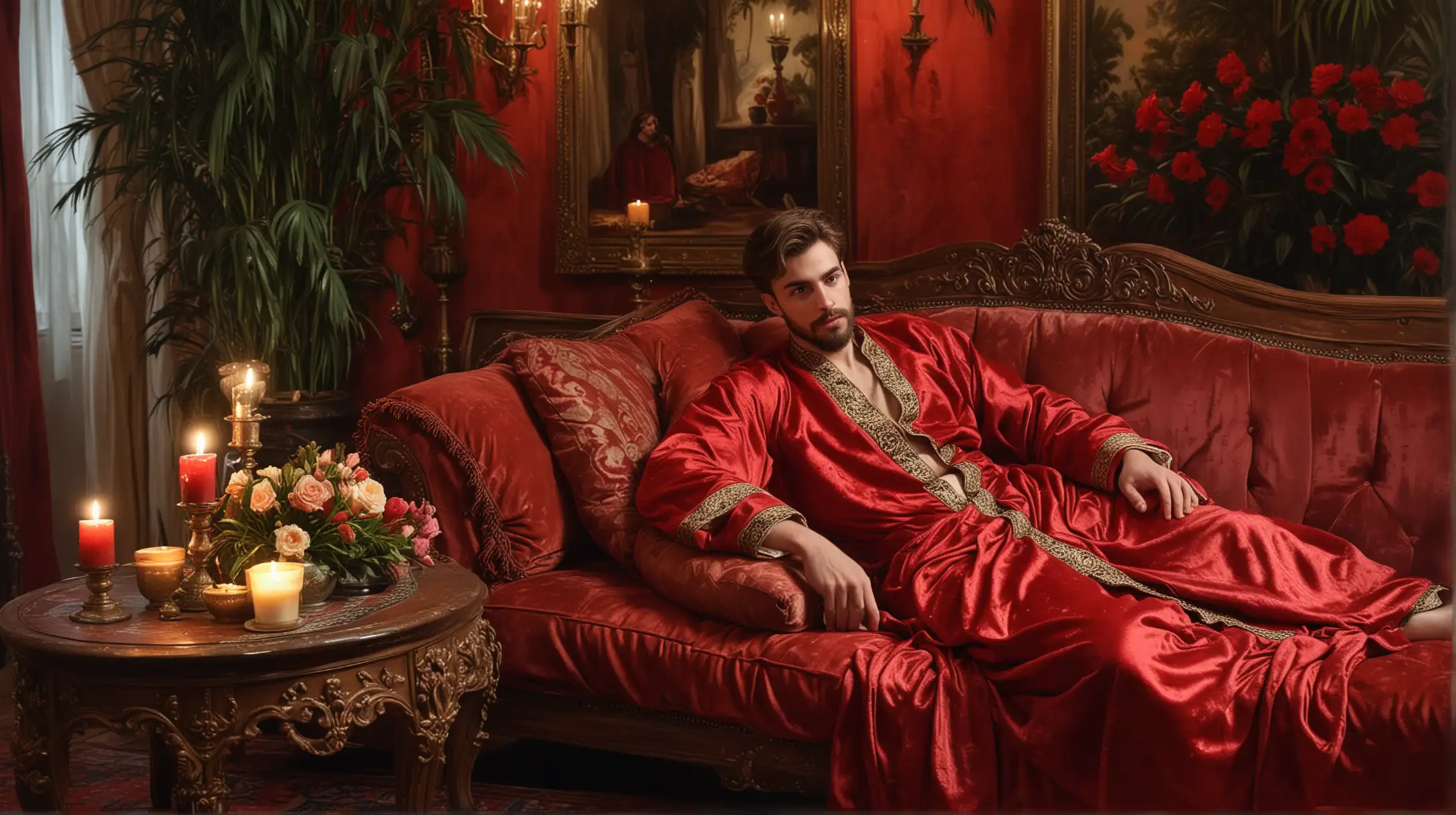 Melancholic Young Man in Red Robe on Velvet Rose Sofa in Luxurious Interior
