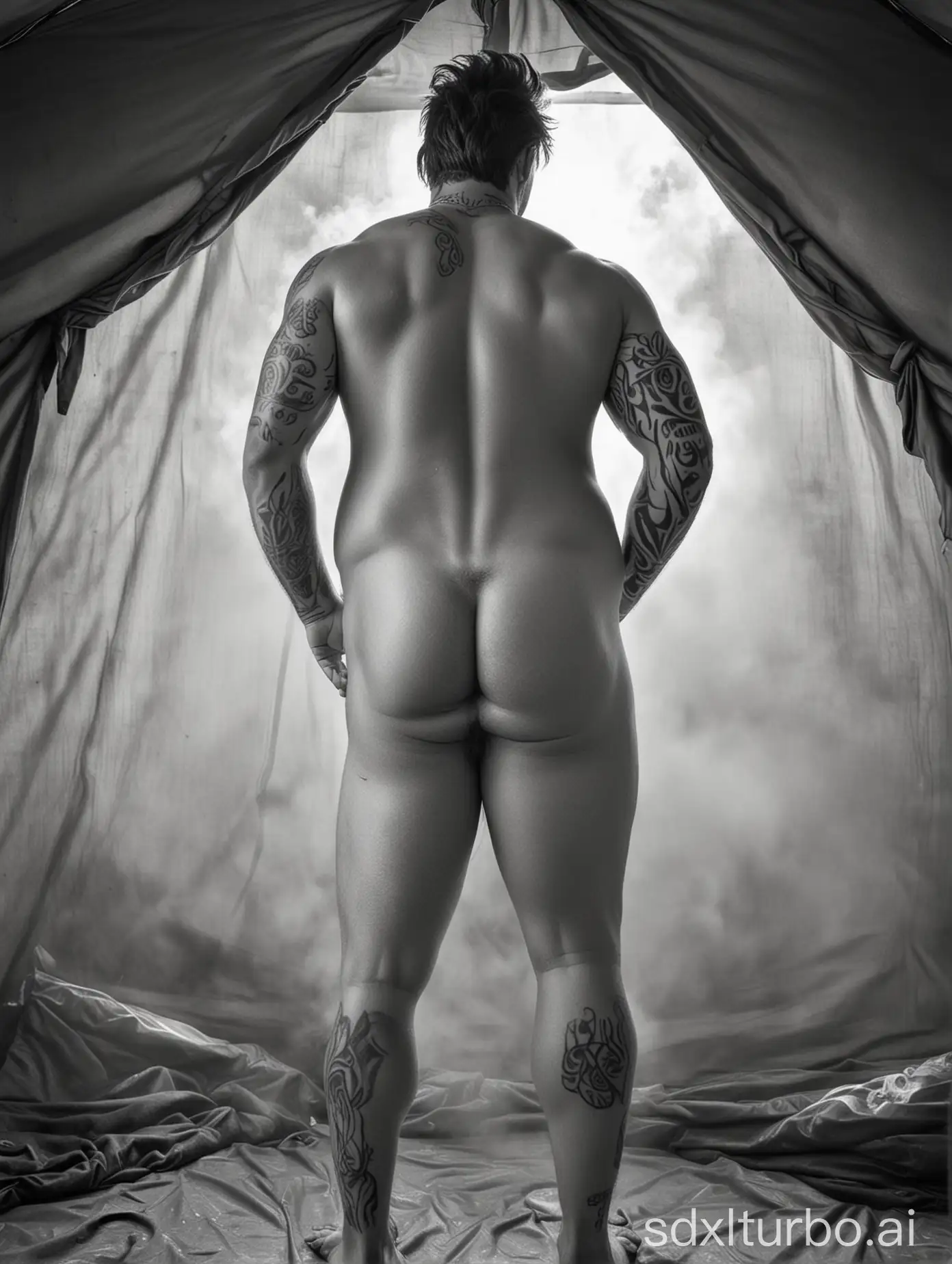 a tall chubby tanned and young man, brown mullet hair, from behind he shows a big butt with mini tattoo, farting while spreading green smoke on his ass, on an obscure environment tent, black and white style