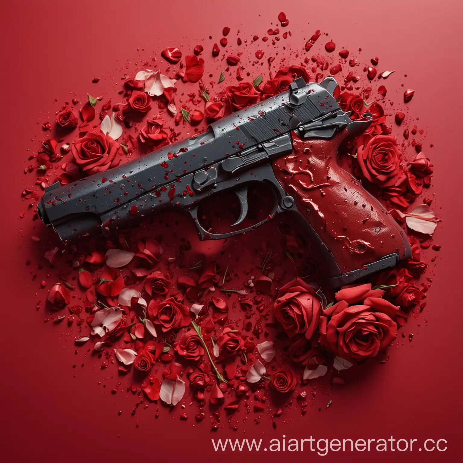 Crimson-Background-with-Pistol-and-Scattered-Rose-Petals