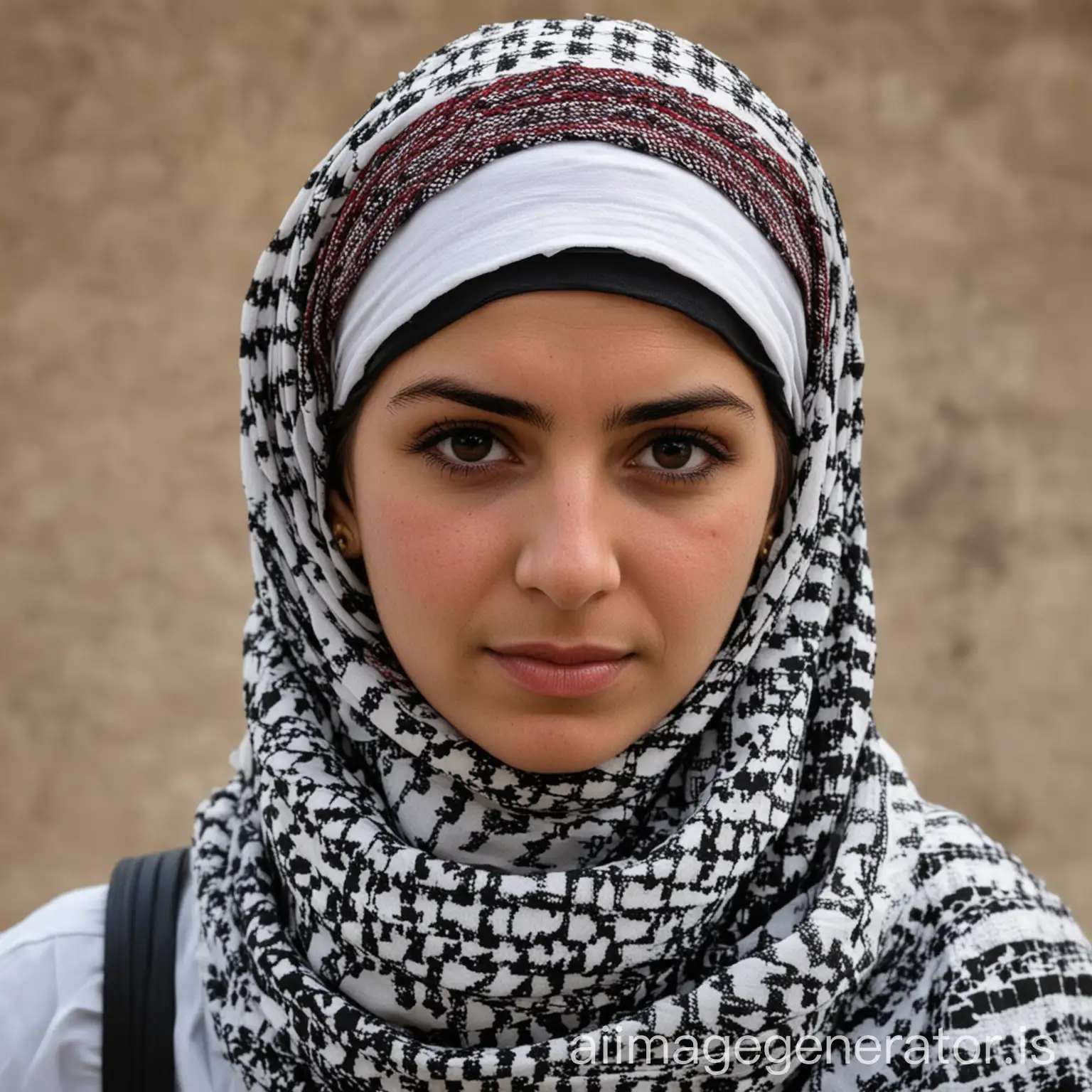 A woman wearing a Palestinian keffiyeh