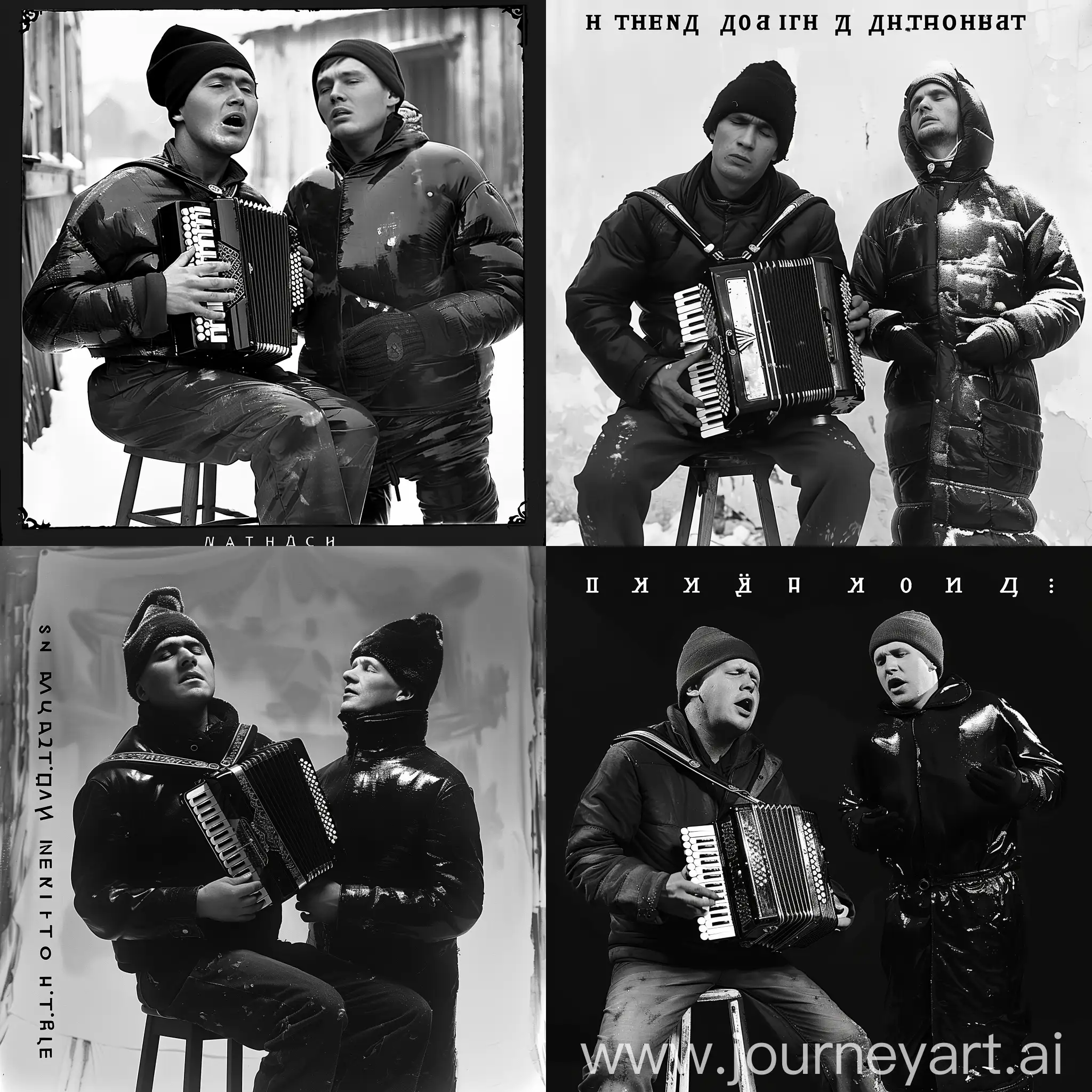 Two-Men-in-Ushanka-Hats-Playing-Accordion-and-Singing-in-Traditional-Russian-Attire