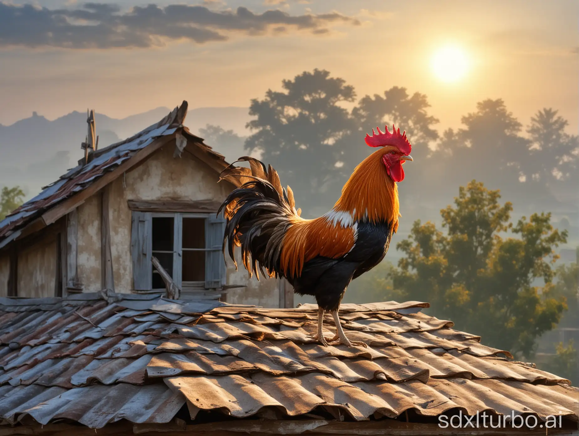 Draw a rooster standing on top of a rural house roof in the morning, crowing.