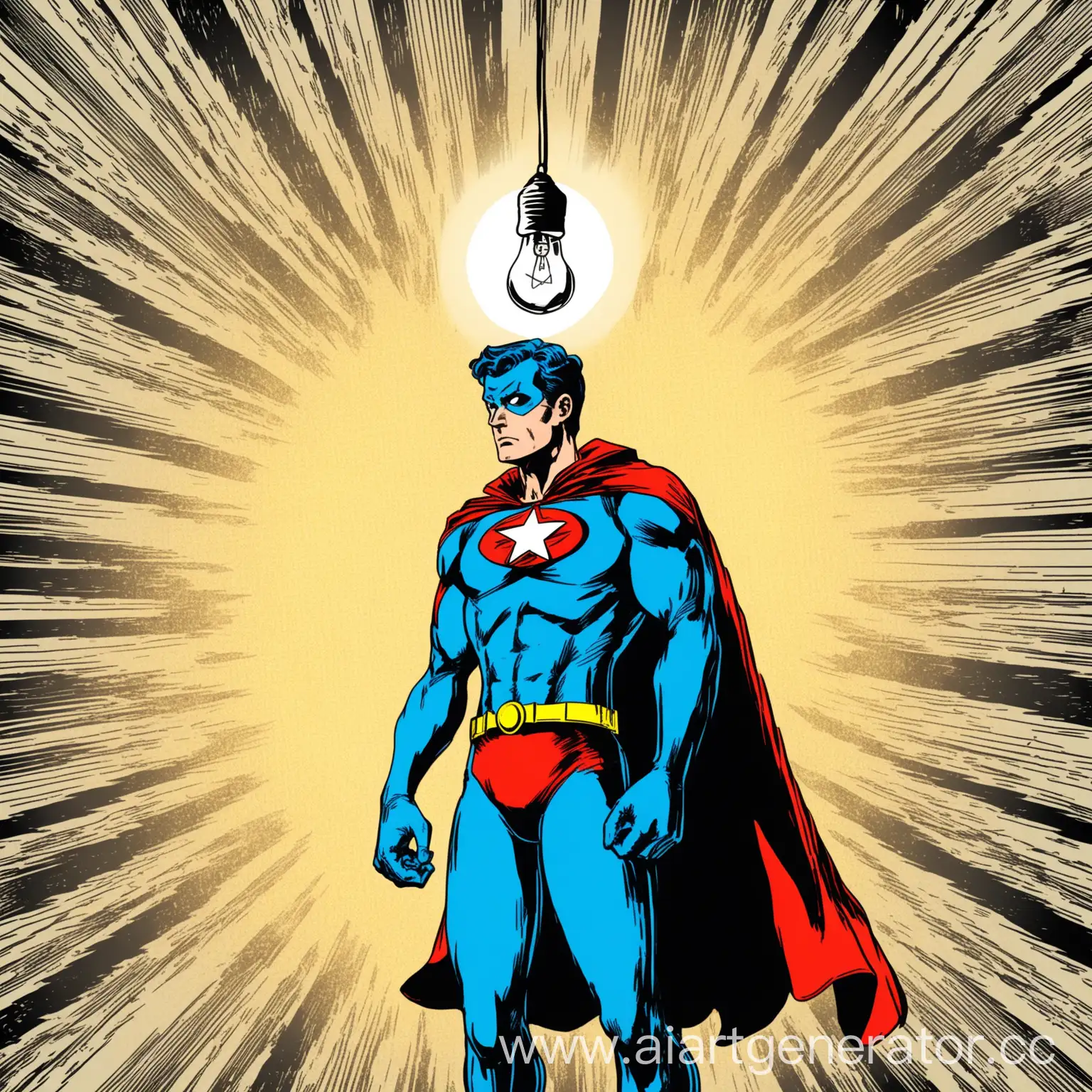 Супергерой задумчиво смотрит на лампочку, в стиле старых комиксов