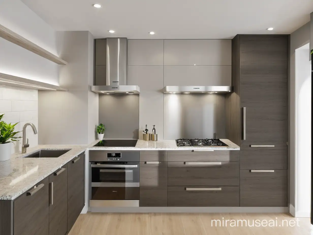 Modern Kitchen with Beige and Grey Cabinets and Walls