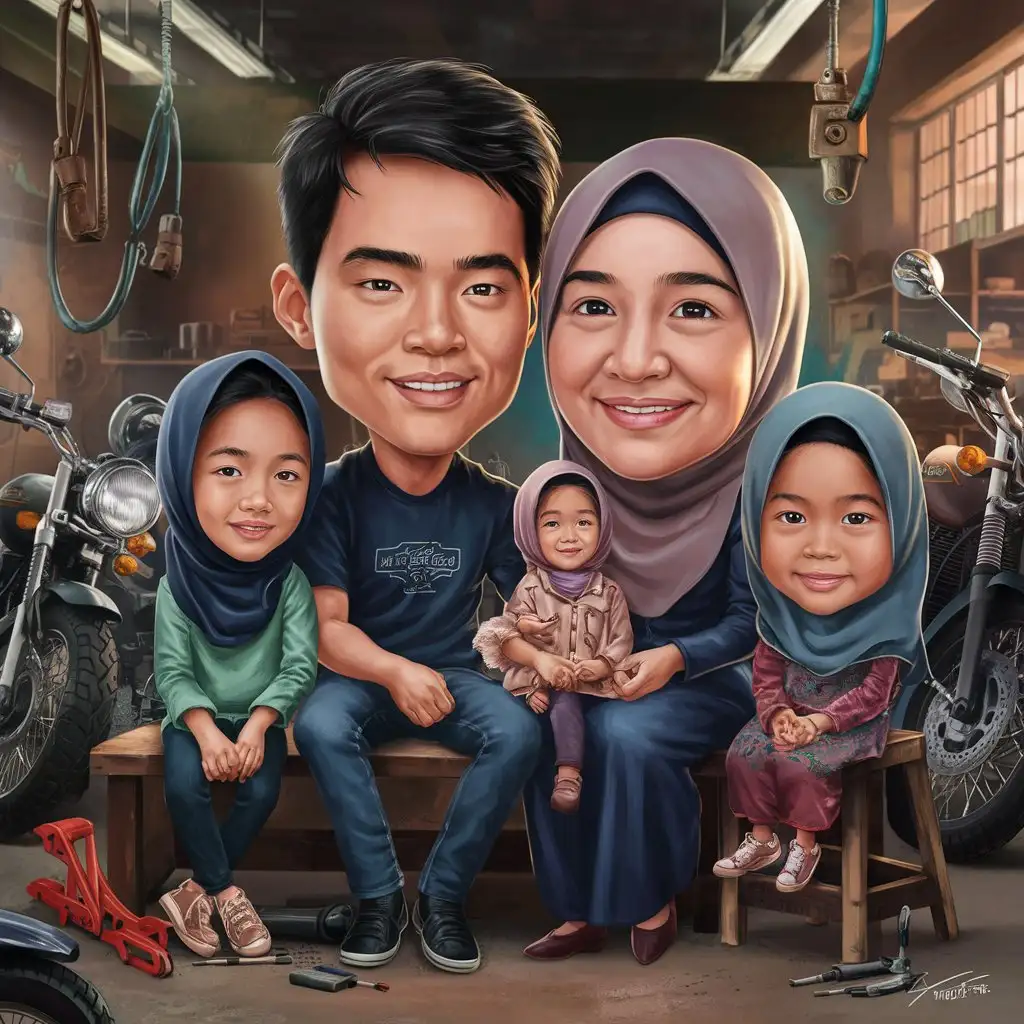 Karikatur realistik keluarga Indonesia terdiri ayah muda, ibu berhijab, anak perempuan berhijab umur 10 tahun dan anak perempuan kecil berhijab, mereka sedang duduk santai di bengkel sepeda motor