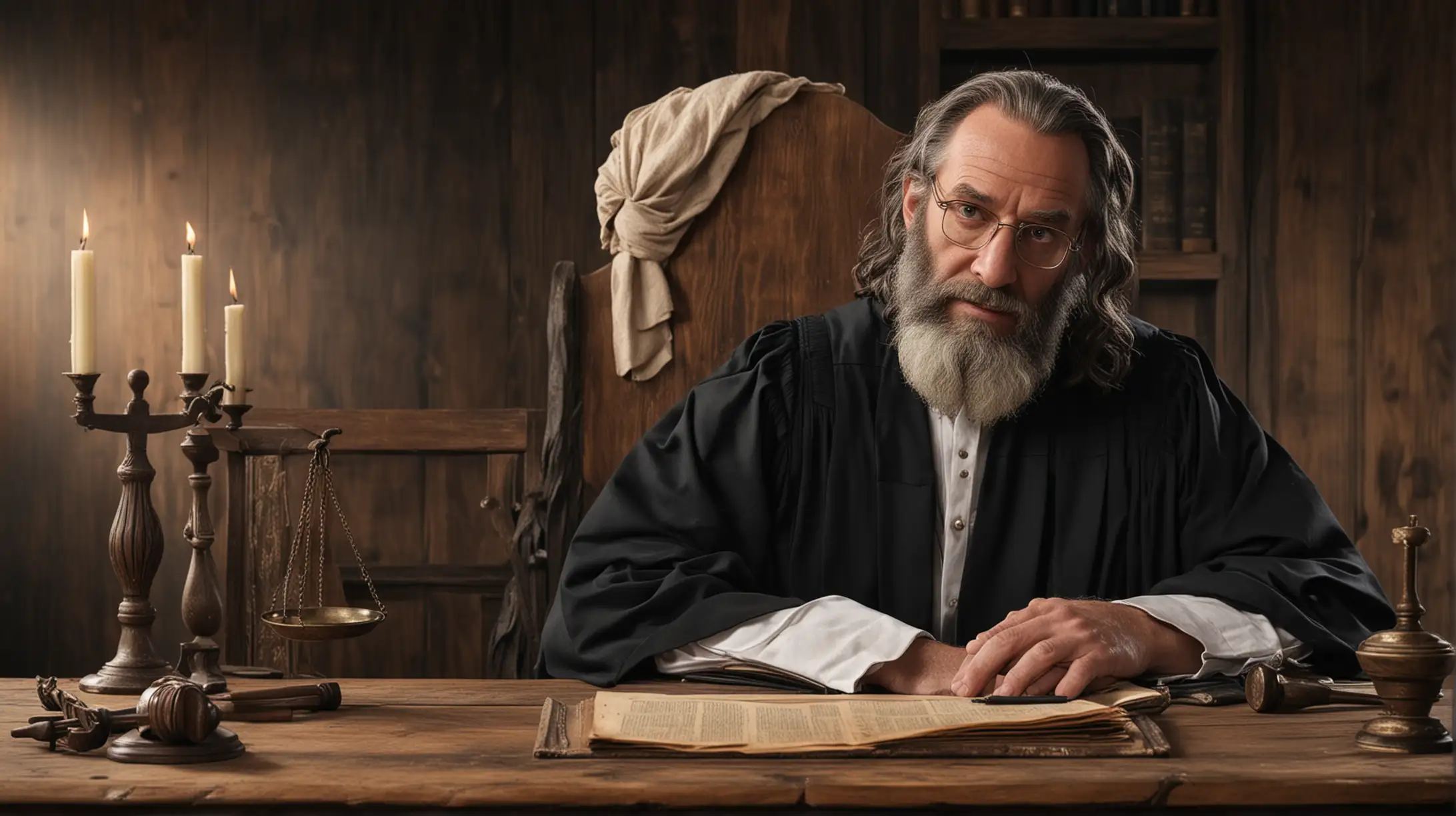I need a thumbnail image, that shows a serious looking male judge at his old wooden desk.  Set during the era of the Biblical Moses.