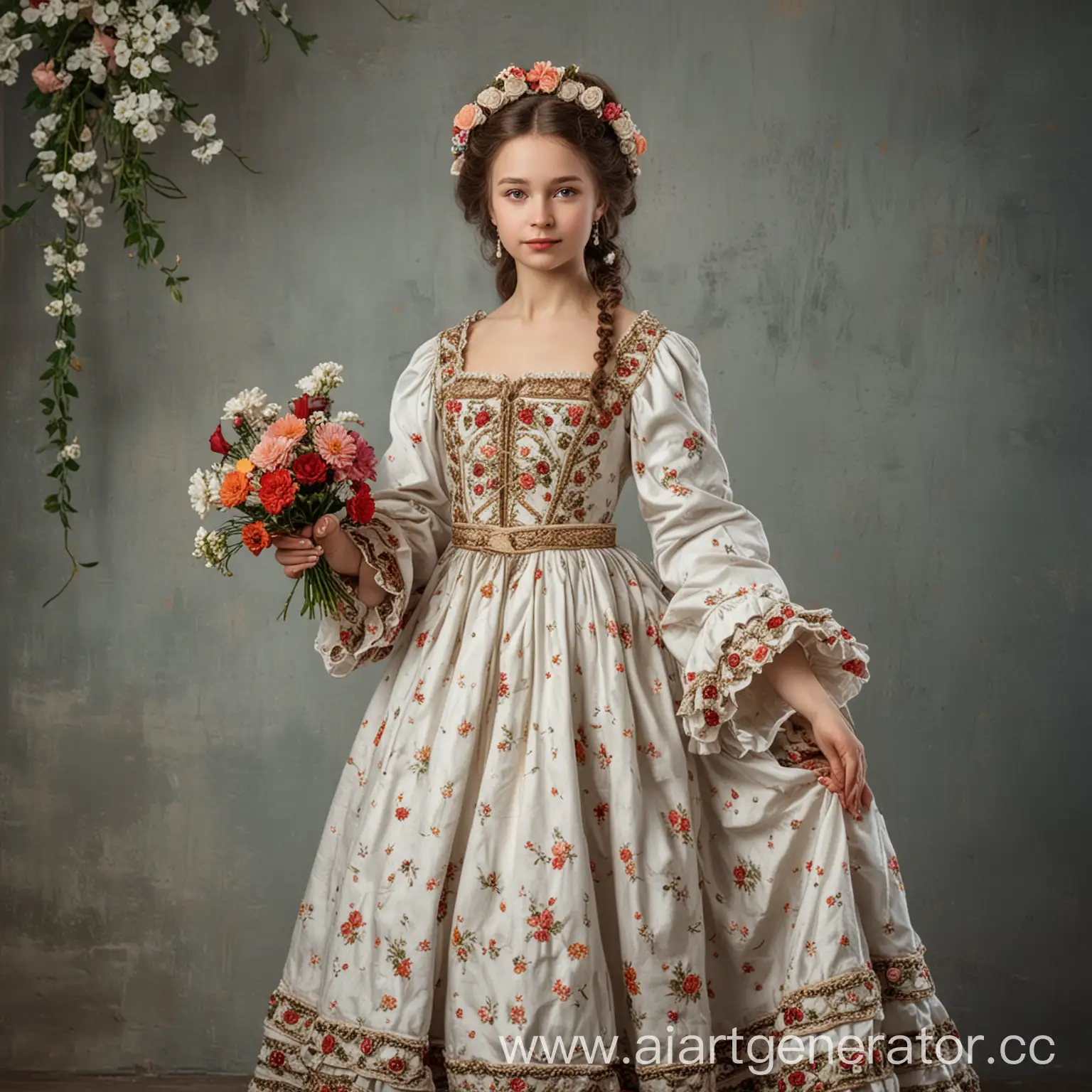 Elegant-Russian-Girl-in-1700s-Dress-with-Flowers