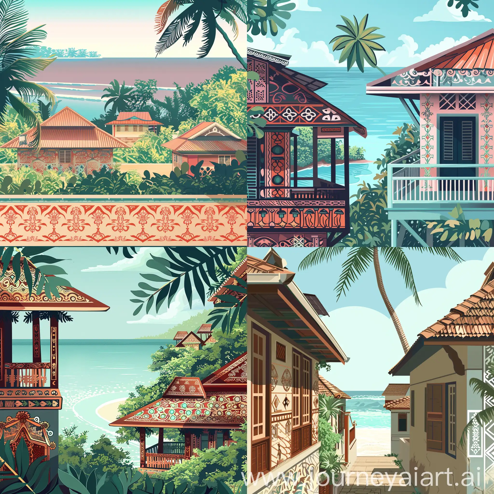 A background with one or more traditional seychelles houses. In that house there are decorative patterns typical of seychelles. In this background there will be a sea, and the perspective of the picture is from top to bottom. Style cute for game