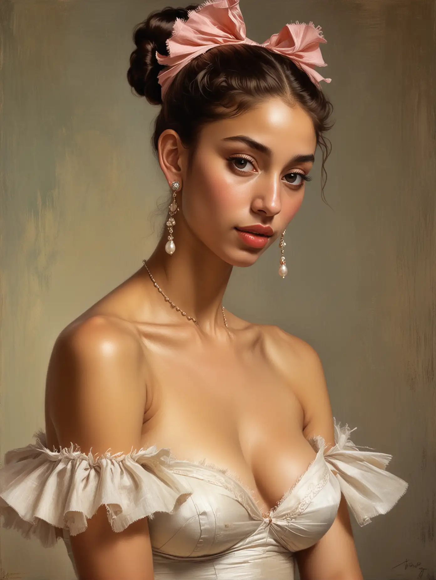 Degas extremely detailed oil painting of a very skinny incredibly beautiful ancient Dominican princess with pearl earrings with very thick eyebrows showing a lot of cleavage with underarm hair dancing the Flamenco with hair in a bun in bikini, digital art