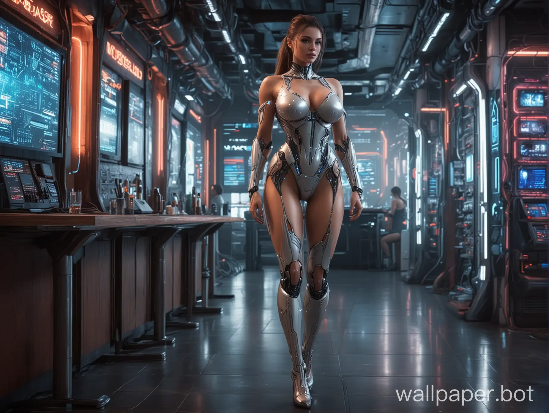beautiful cyber woman, with triple size large breasts, muscles, full length body view, in front of a futuristic business, in the genre of science fiction, walking in a high tech bar with beautiful legs