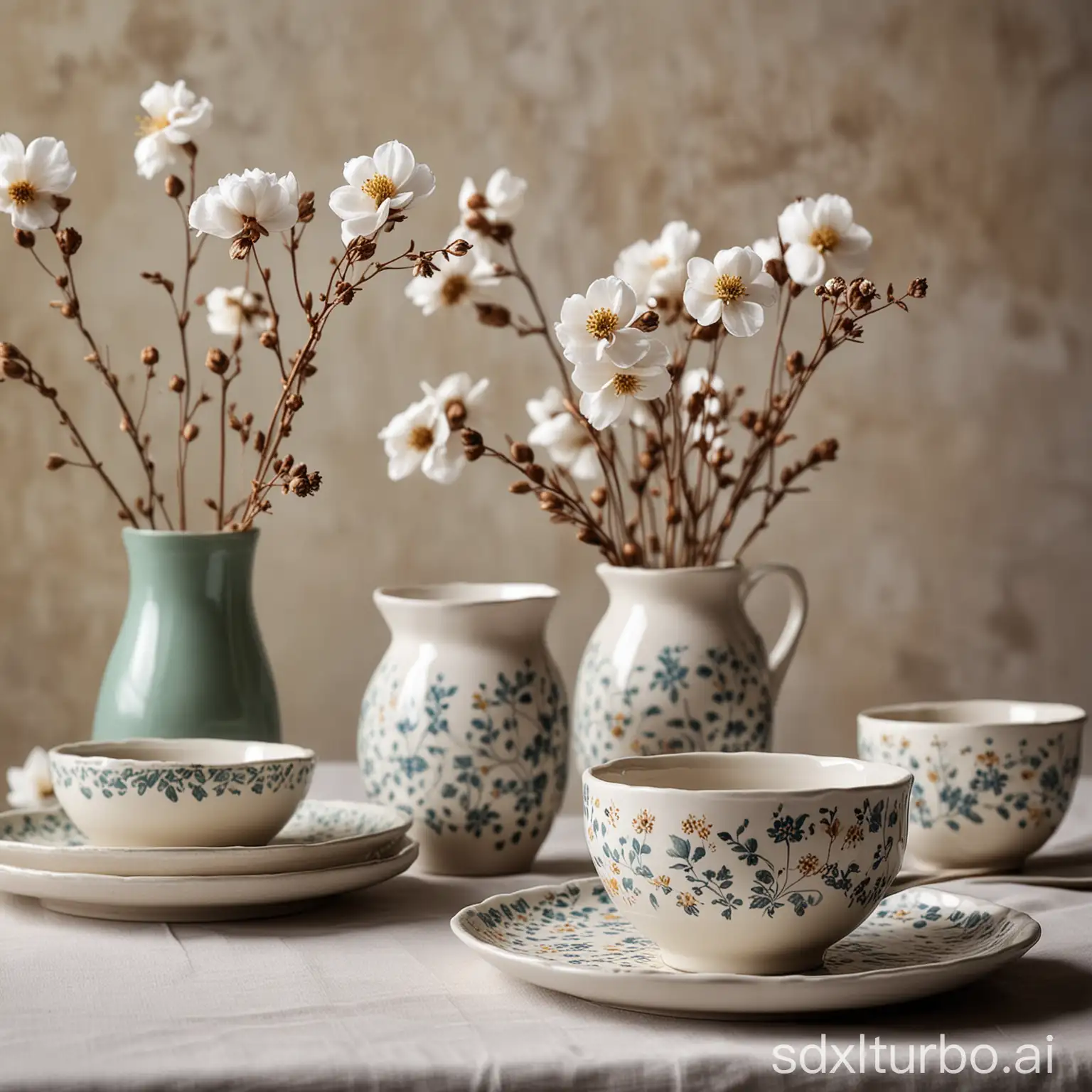 Ceramic-Tableware-with-Cotton-Flower-Patterns-and-Blurred-Background