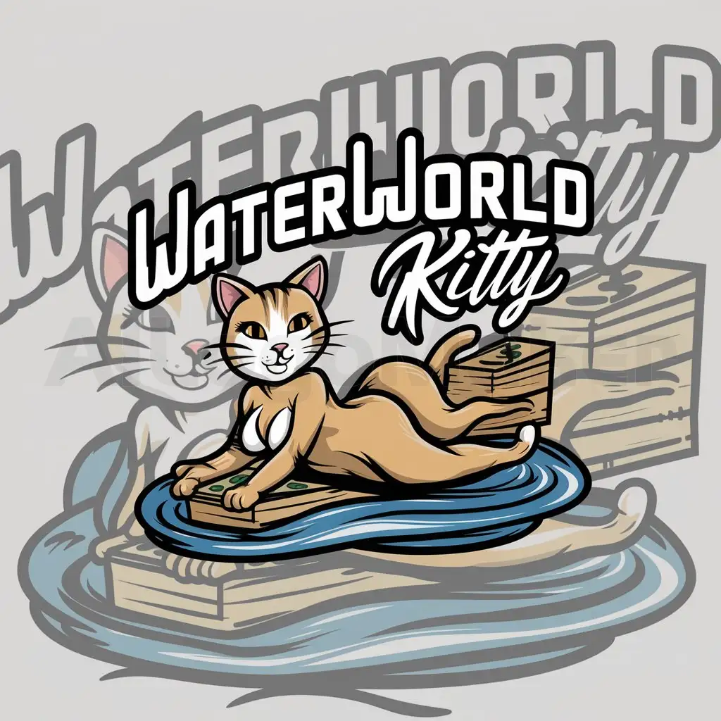 a logo design,with the text "waterwold kitty", main symbol:kitty cat slid water money sexy look,complex,clear background