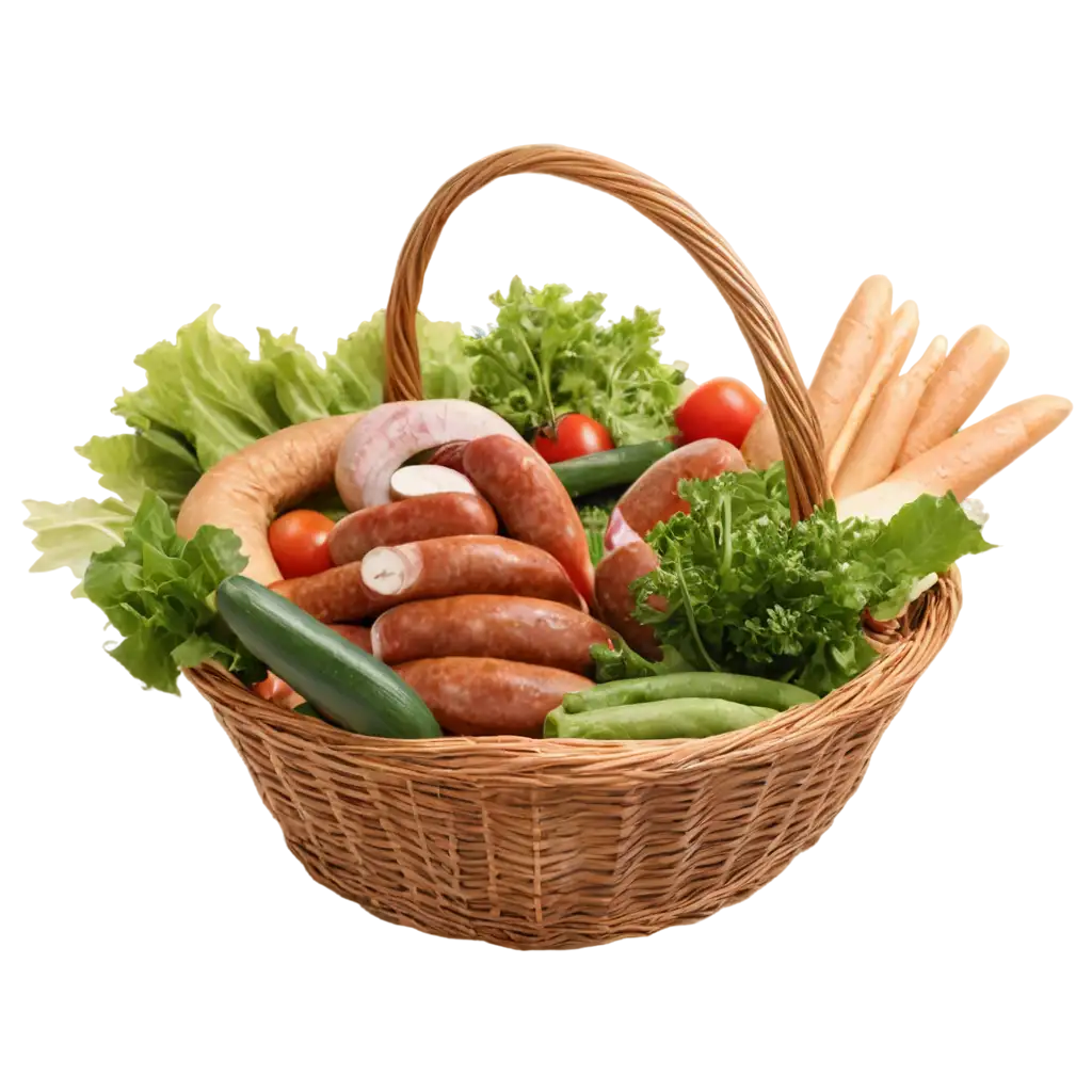 корзина с едой, овощи, колбасы и зелень