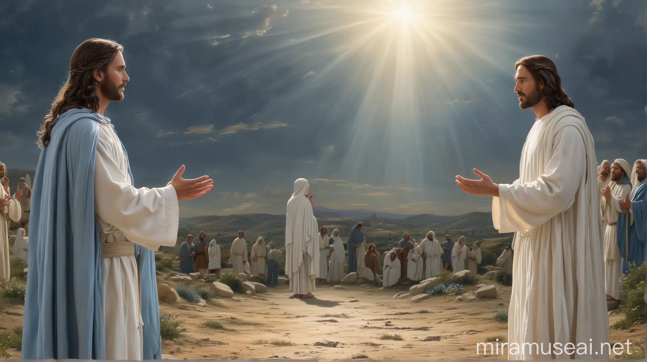 Jesus dressed in white, looking from a distance with love at Peter who is dressed in blue, about to ask him something, background is panoramic