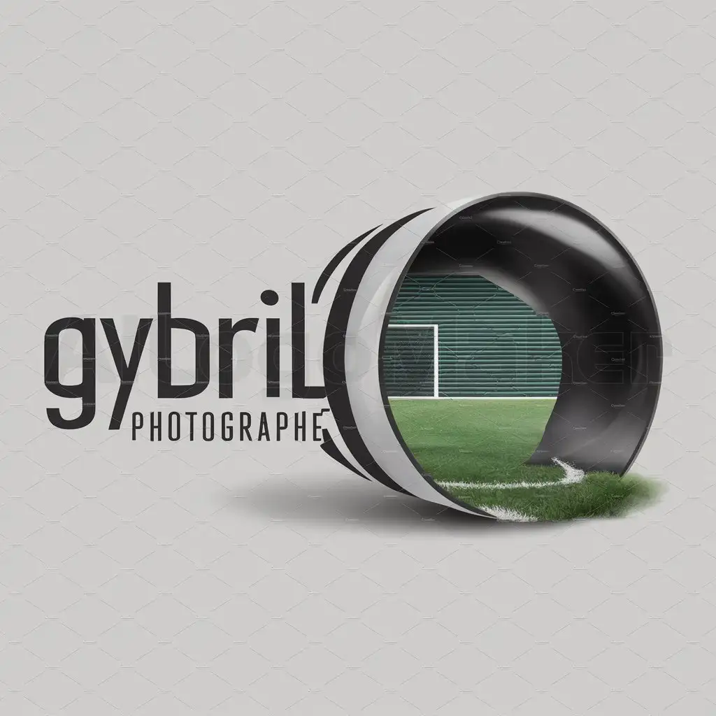 a logo design,with the text "GYBRIL PHOTOGRAPHE", main symbol:create for me a logo without background of a camera lens add to the background a realistic football field,Moderate,clear background